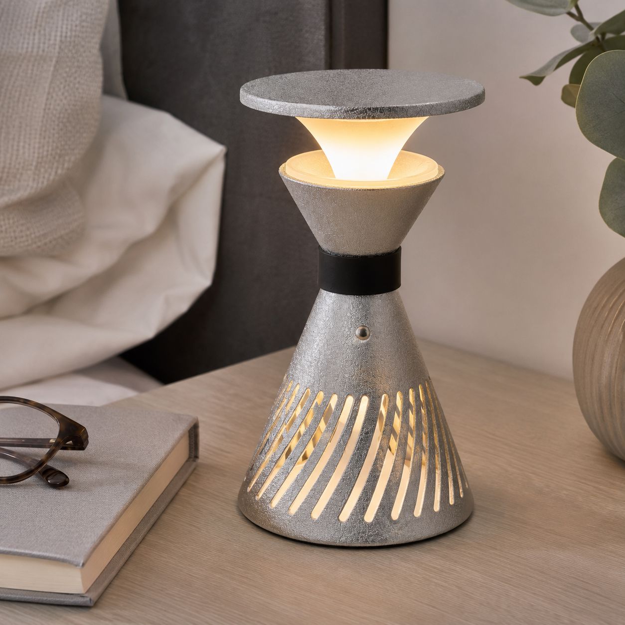 Retro Funnel Ambient Table Lamp - Portable Dimmable Cordless LED Light Lightsin UK Silver In Stock 