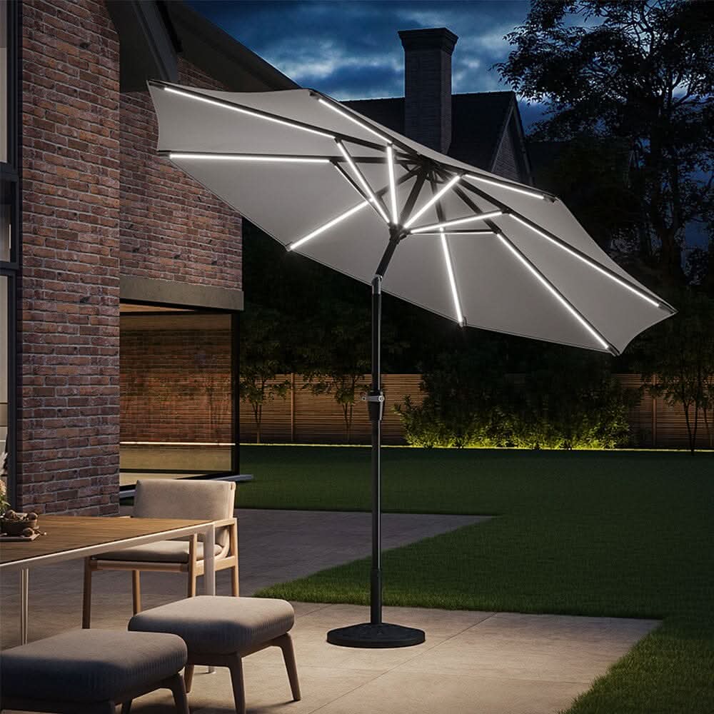 3M Sunbrella Umbrella Light Grey Lighted Market with Solar Strip LED Lights