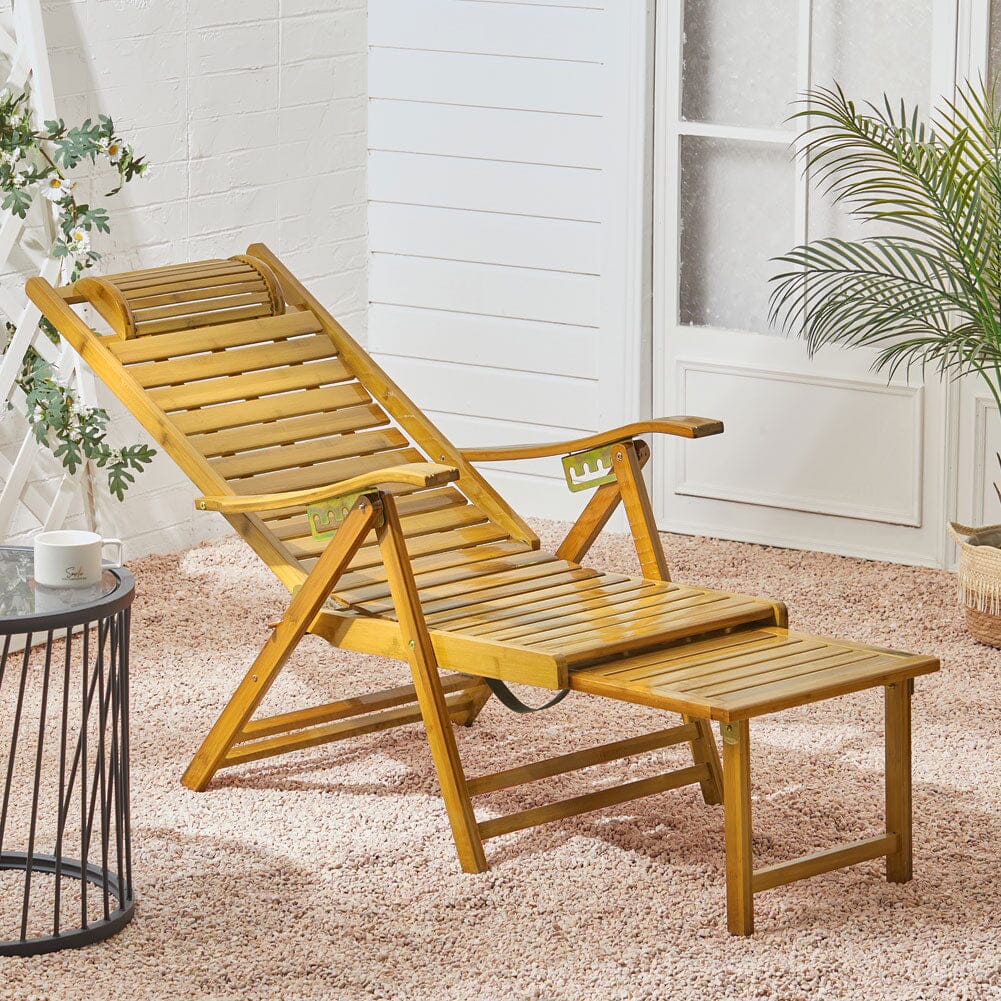 Foldable Bamboo Recliner Lounge Chair with Retractable Footrest Sun Loungers Living and Home 
