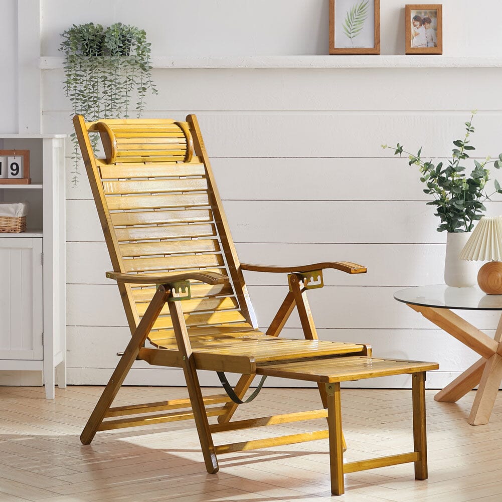 Foldable Bamboo Recliner Lounge Chair with Retractable Footrest Sun Loungers Living and Home 