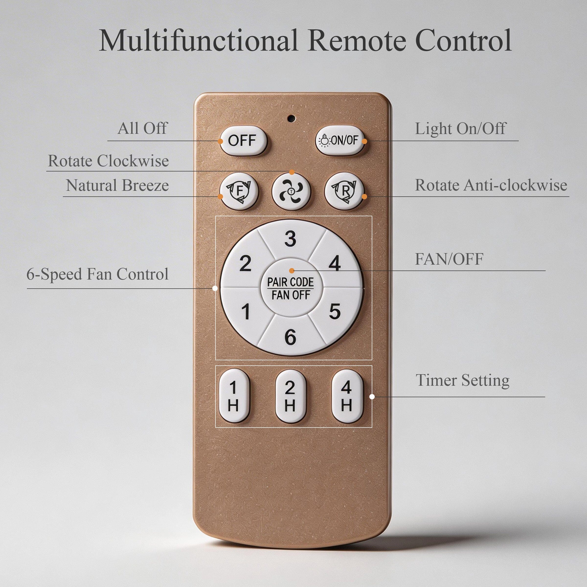 Remote control for copper acrylic ceiling fan light with six-speed fan settings