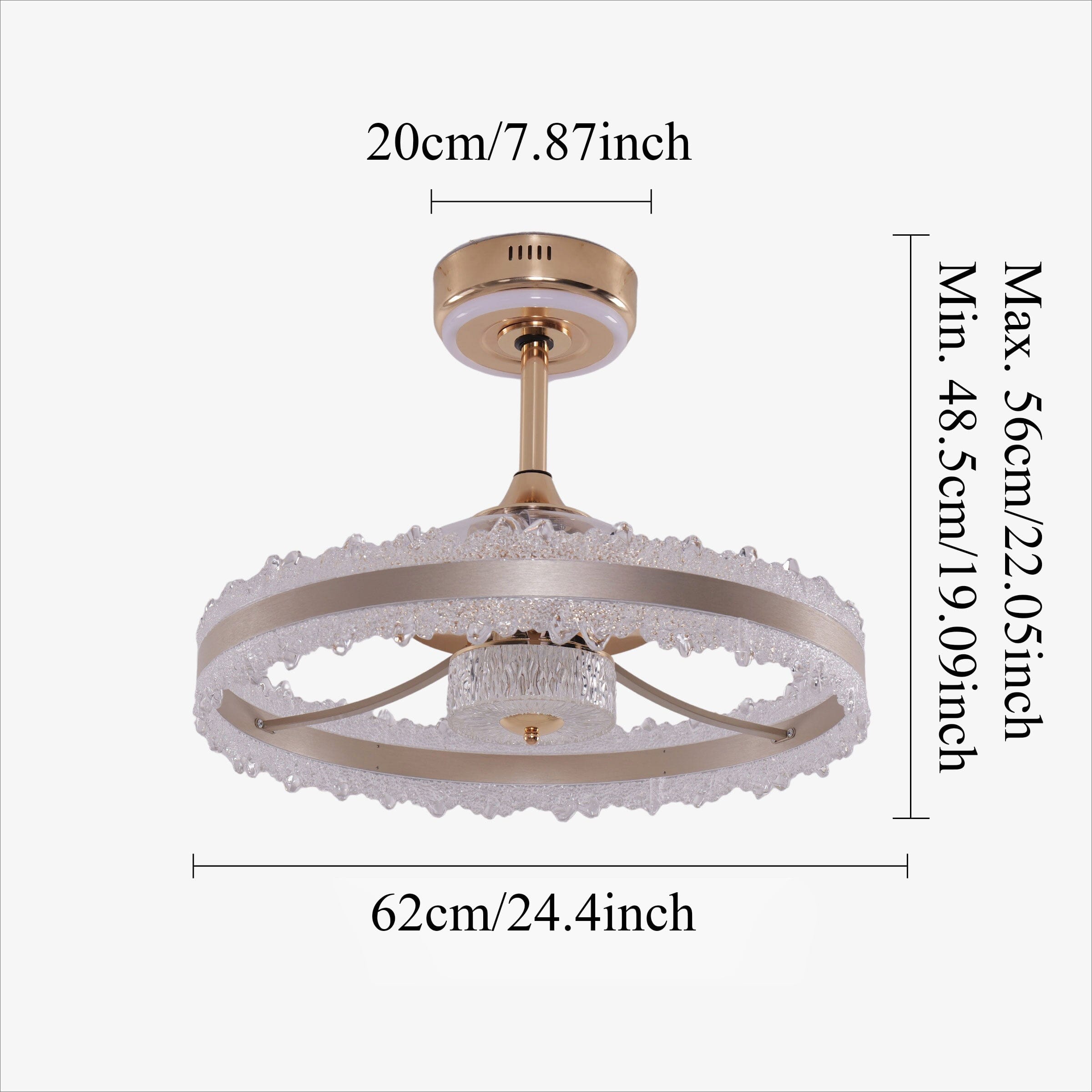 62cm gold halo fan light size chart with 20cm canopy and adjustable drop height