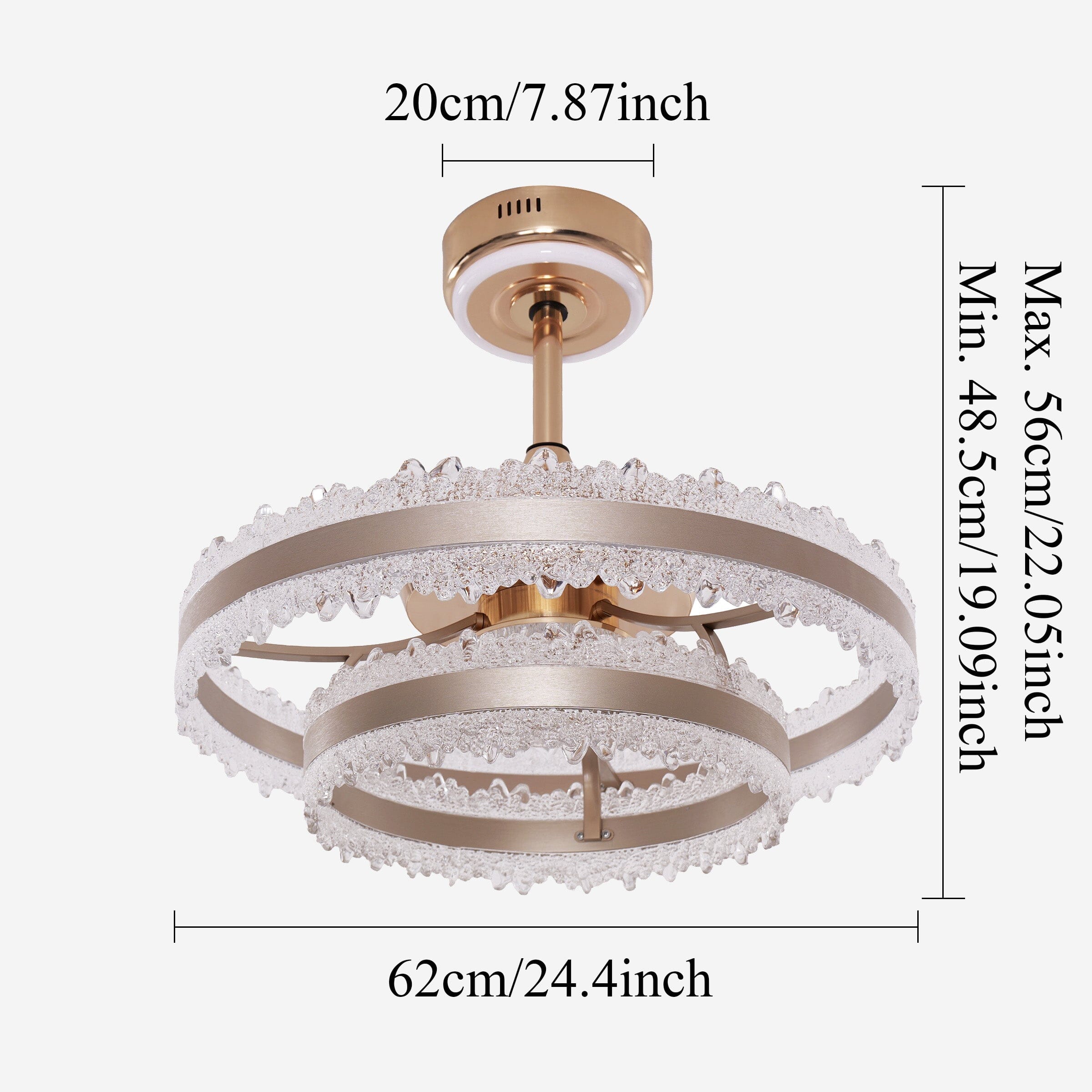 62cm gold halo fan light size chart with 20cm canopy and adjustable drop height