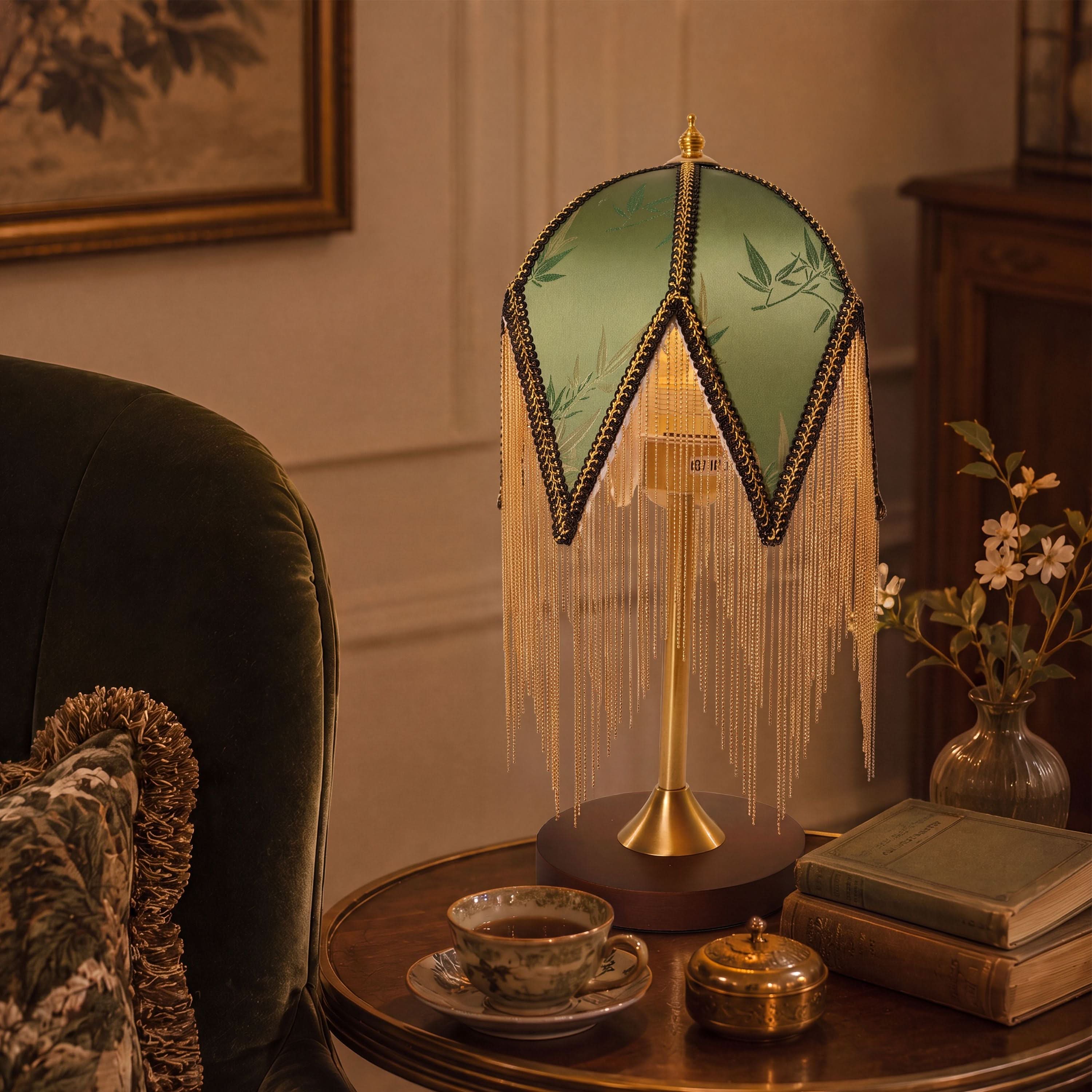 Mid-Century Vintage Tassel Table Lamp | Antique Brass & Fabric Bedside Lamp Lightsin UK 