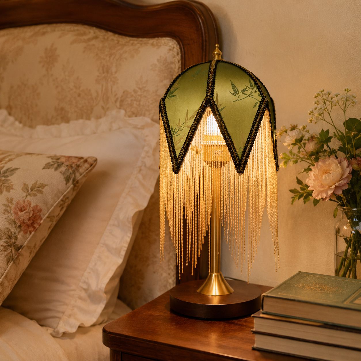Mid-Century Vintage Tassel Table Lamp | Antique Brass & Fabric Bedside Lamp Lightsin UK A - Emerald Green In Stock 
