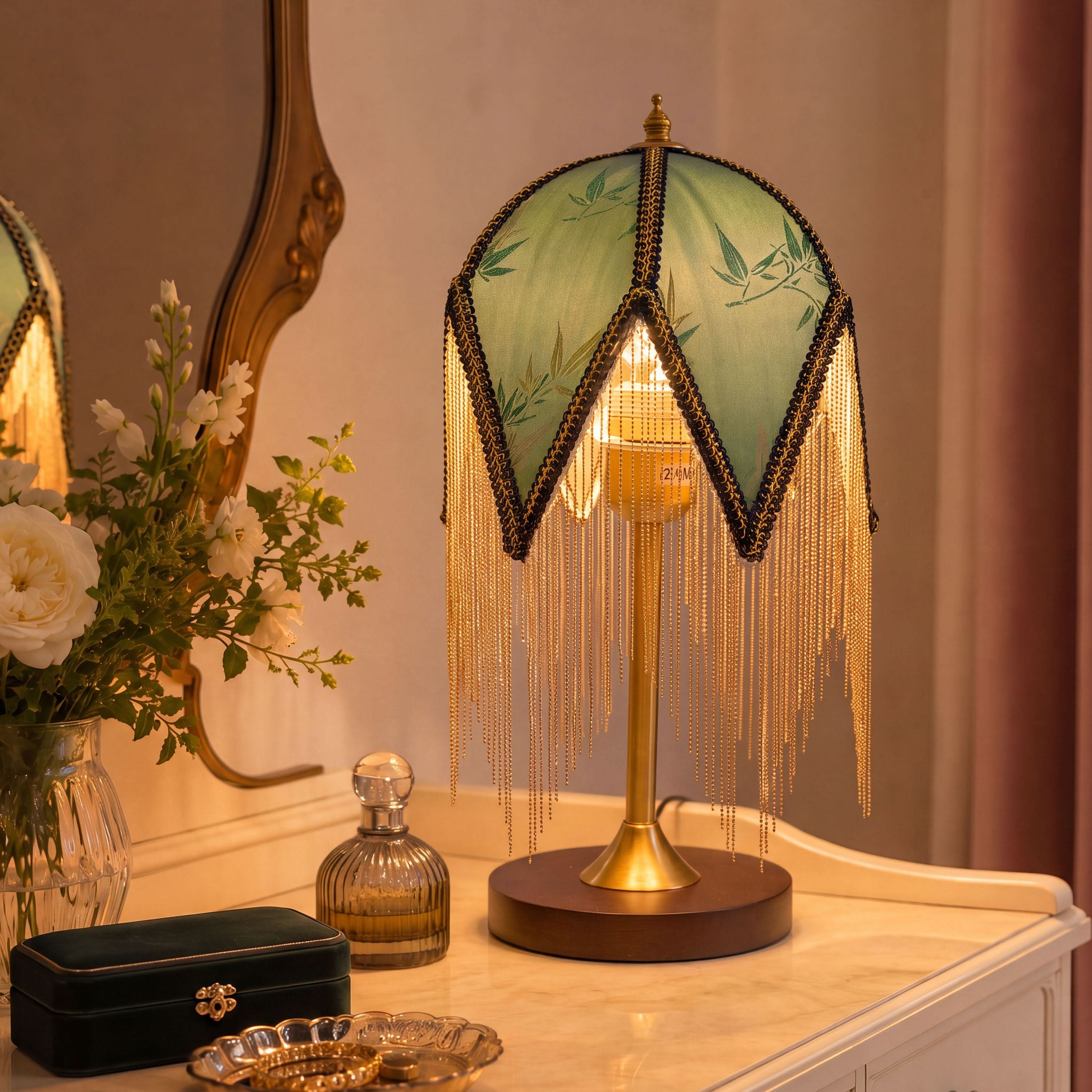 Mid-Century Vintage Tassel Table Lamp | Antique Brass & Fabric Bedside Lamp Lightsin UK 