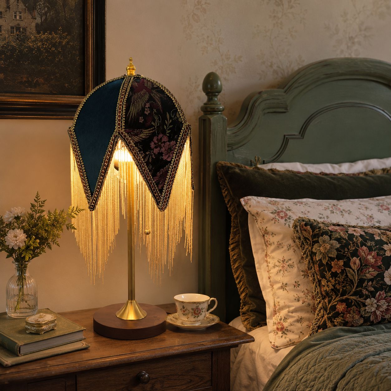 Mid-Century Vintage Tassel Table Lamp | Antique Brass & Fabric Bedside Lamp Lightsin UK 