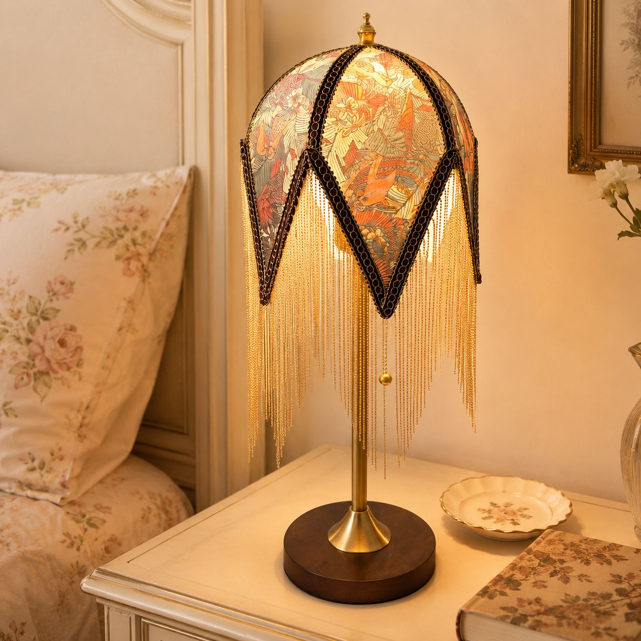 Mid-Century Vintage Tassel Table Lamp | Antique Brass & Fabric Bedside Lamp Lightsin UK 