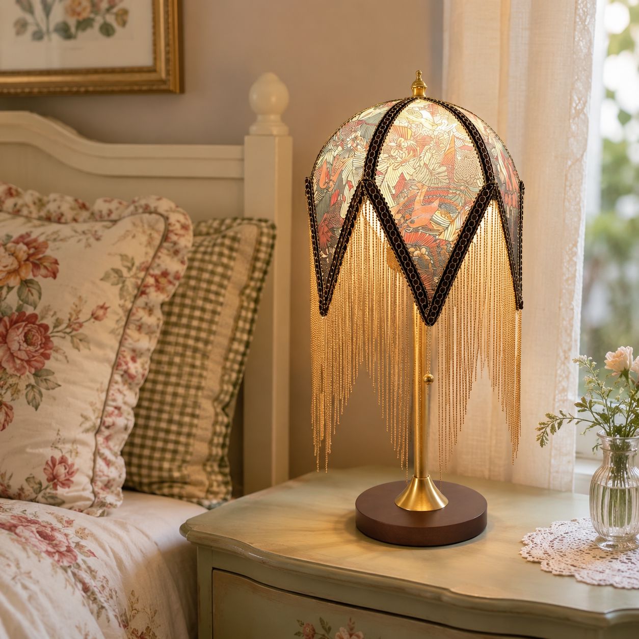 Mid-Century Vintage Tassel Table Lamp | Antique Brass & Fabric Bedside Lamp Lightsin UK C - Light In Stock 