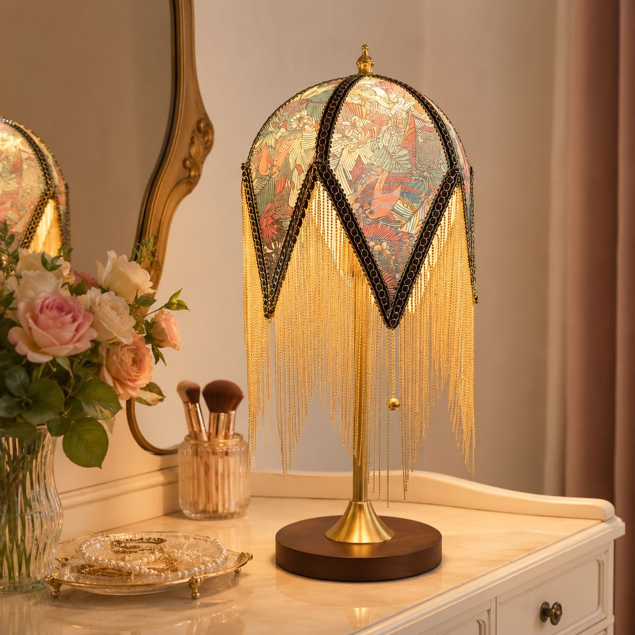 Mid-Century Vintage Tassel Table Lamp | Antique Brass & Fabric Bedside Lamp Lightsin UK 