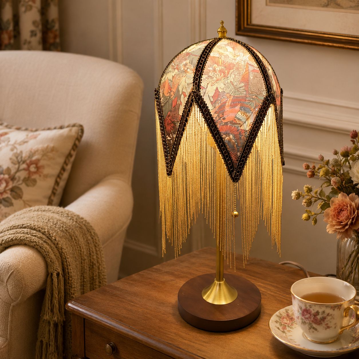 Mid-Century Vintage Tassel Table Lamp | Antique Brass & Fabric Bedside Lamp Lightsin UK 