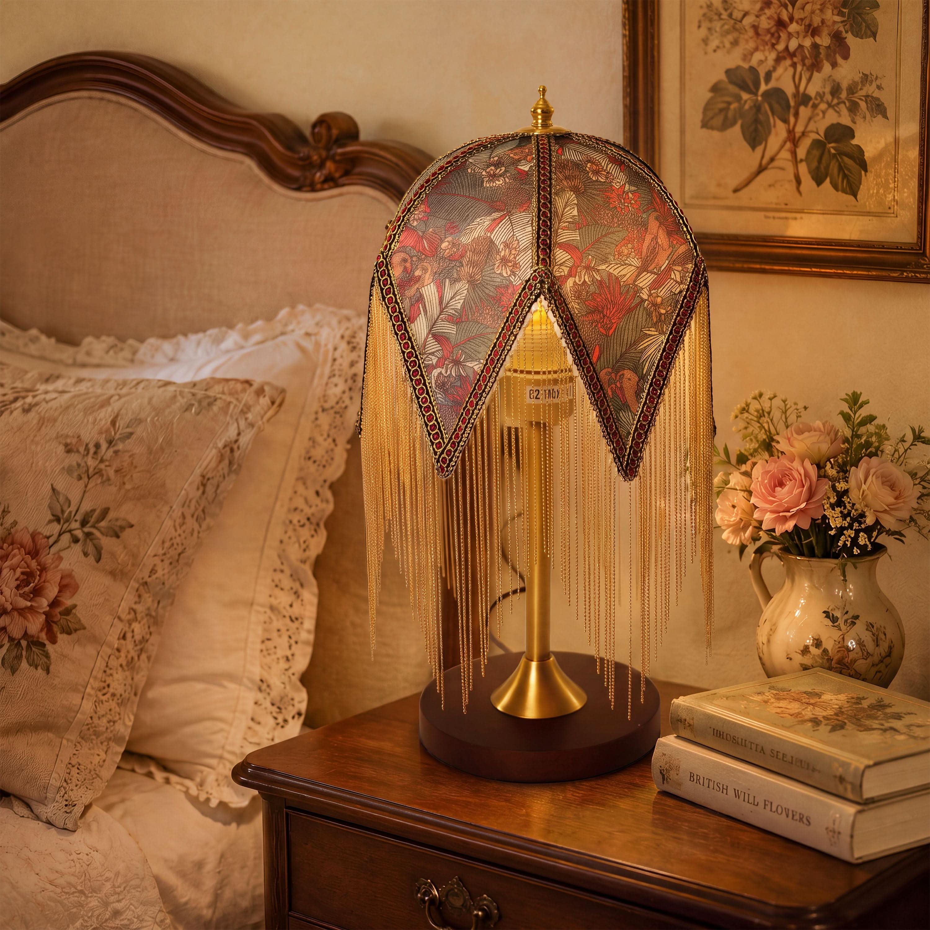 Mid-Century Vintage Tassel Table Lamp | Antique Brass & Fabric Bedside Lamp Lightsin UK 