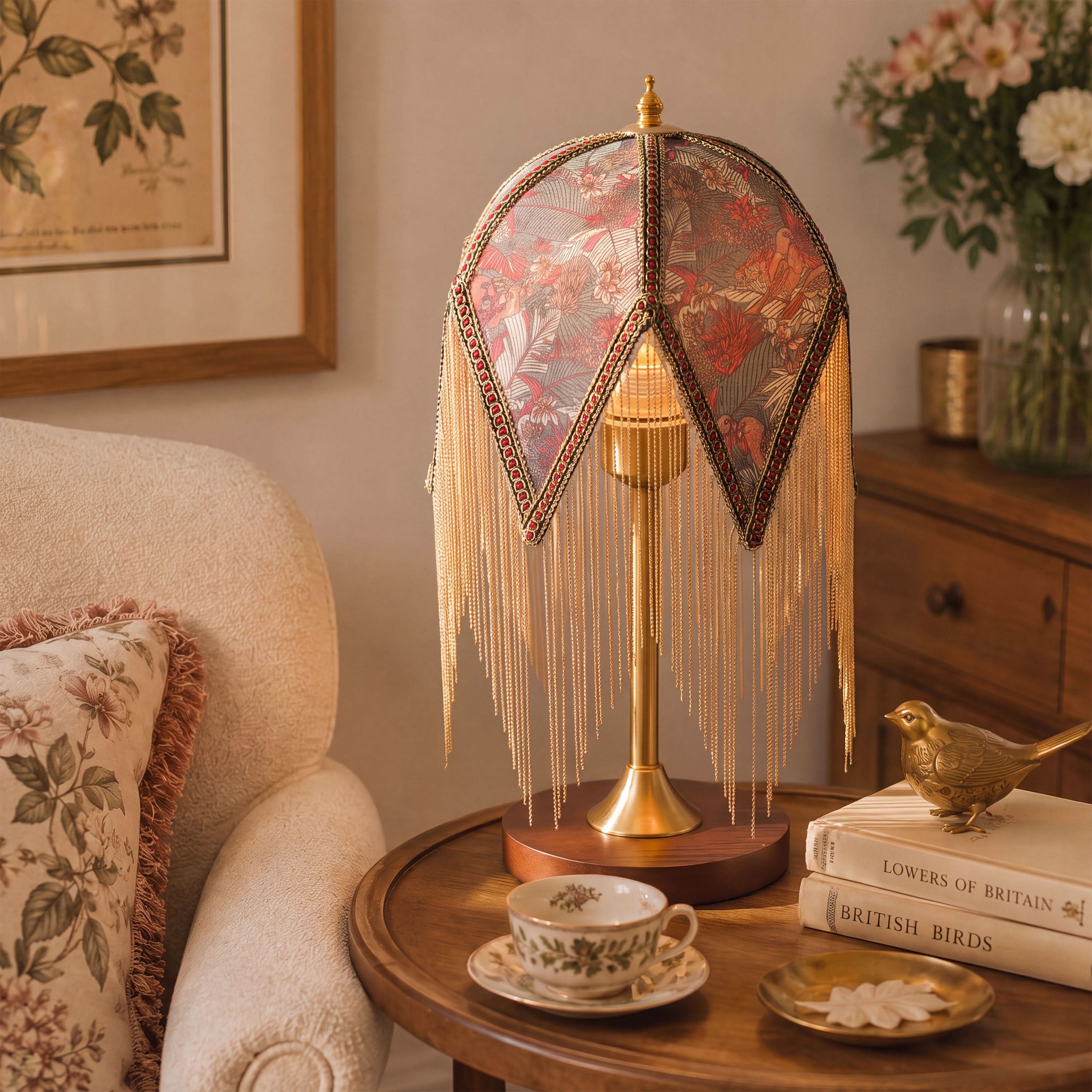 Mid-Century Vintage Tassel Table Lamp | Antique Brass & Fabric Bedside Lamp Lightsin UK 