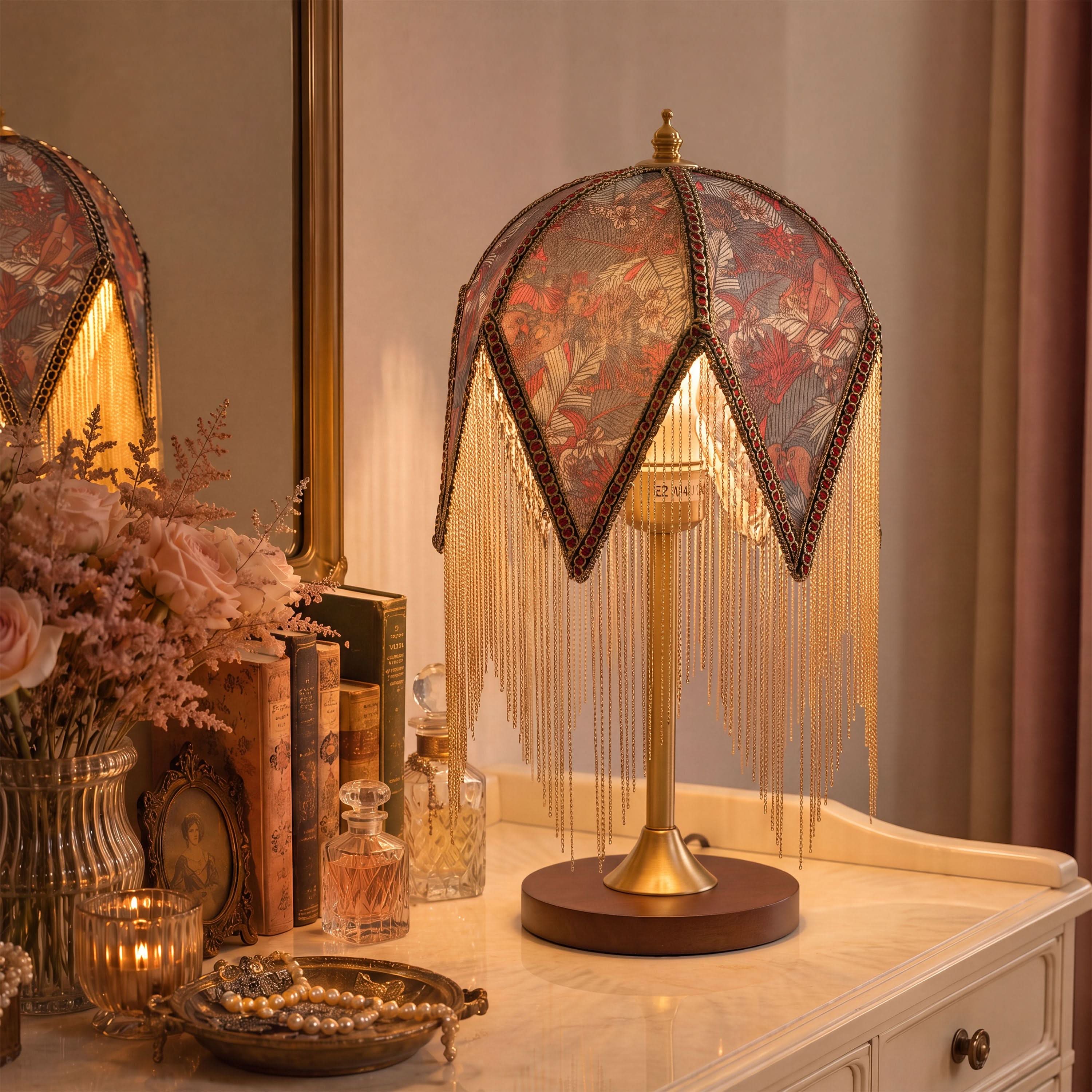 Mid-Century Vintage Tassel Table Lamp | Antique Brass & Fabric Bedside Lamp Lightsin UK 
