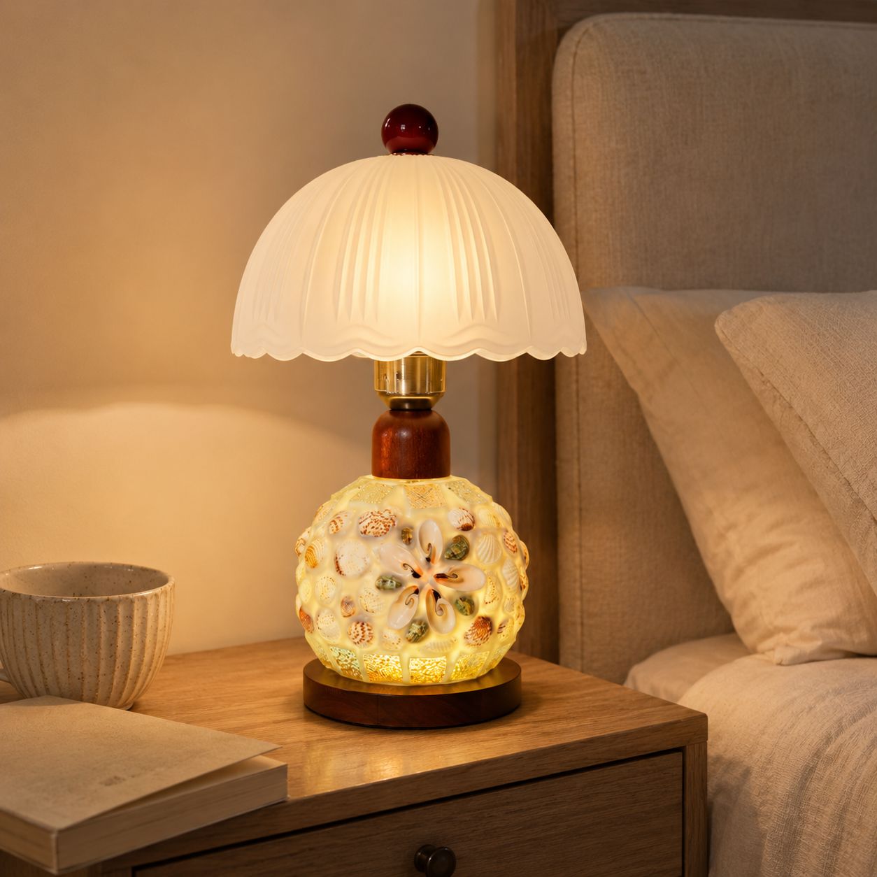 Mosaic Seashell Table Lamp - Coastal Glass & Wood Bedside Light Lightsin UK 