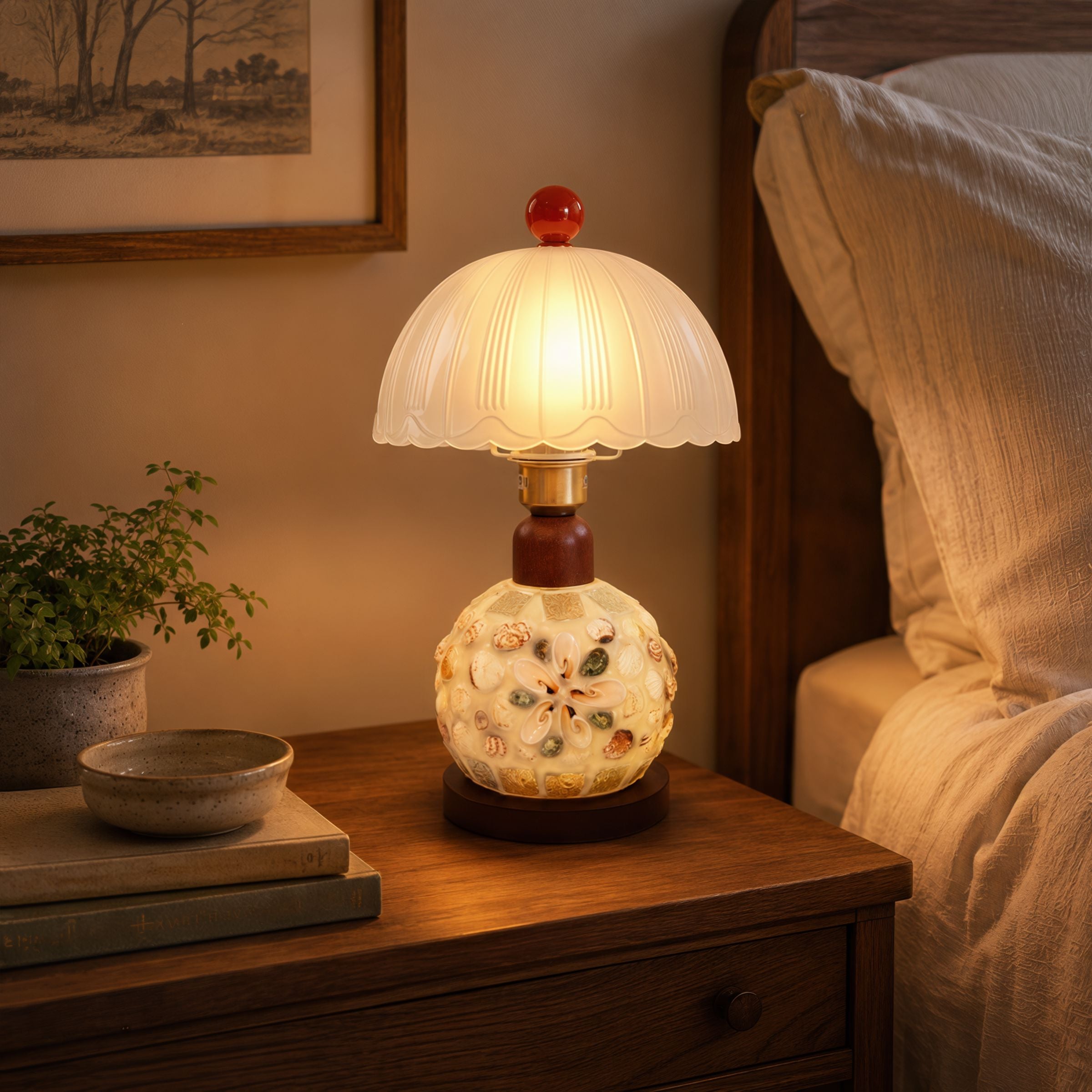 Mosaic Seashell Table Lamp - Coastal Glass & Wood Bedside Light Lightsin UK 