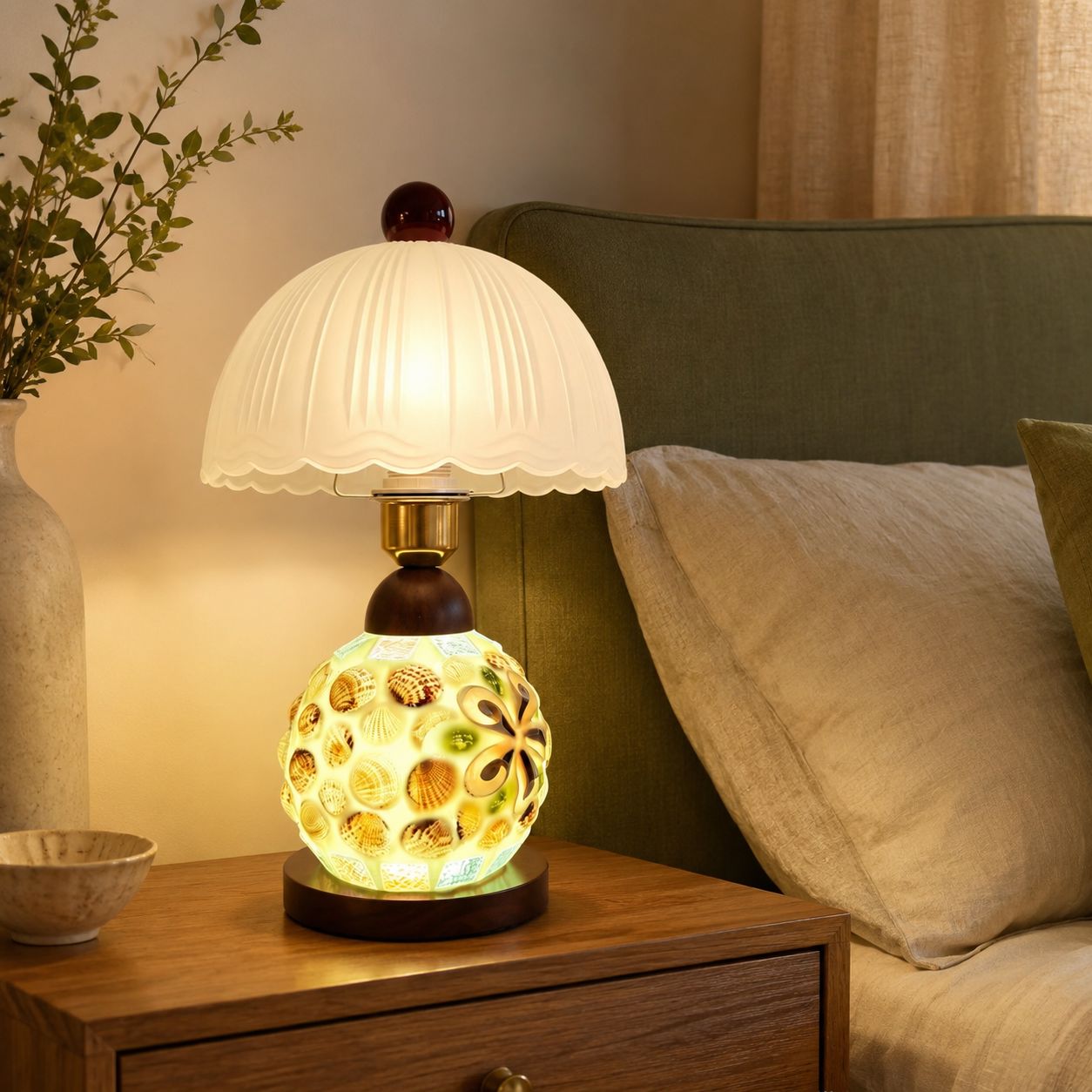 Mosaic Seashell Table Lamp - Coastal Glass & Wood Bedside Light Lightsin UK Pre-Order 