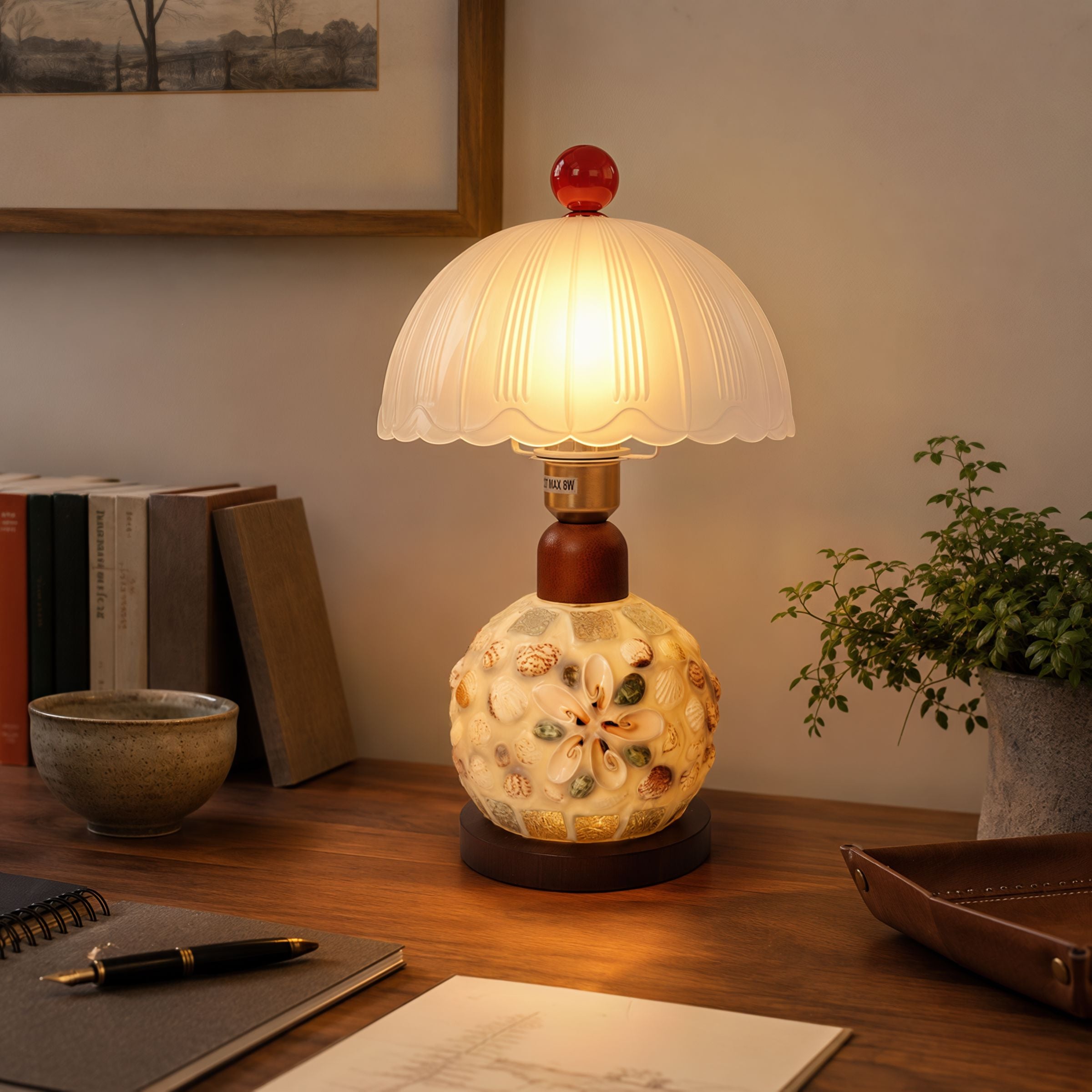 Mosaic Seashell Table Lamp - Coastal Glass & Wood Bedside Light Lightsin UK 