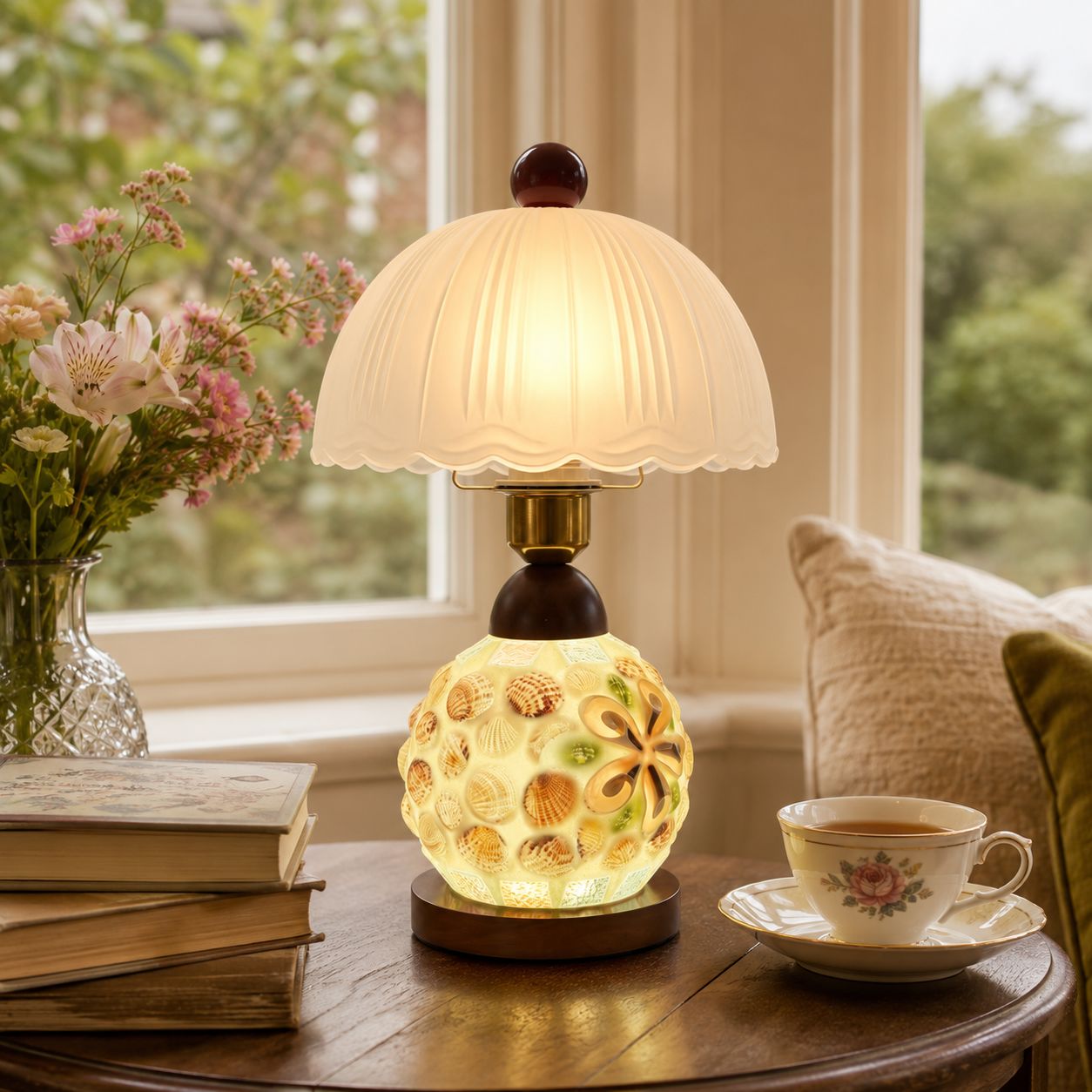 Mosaic Seashell Table Lamp - Coastal Glass & Wood Bedside Light Lightsin UK In Stock 