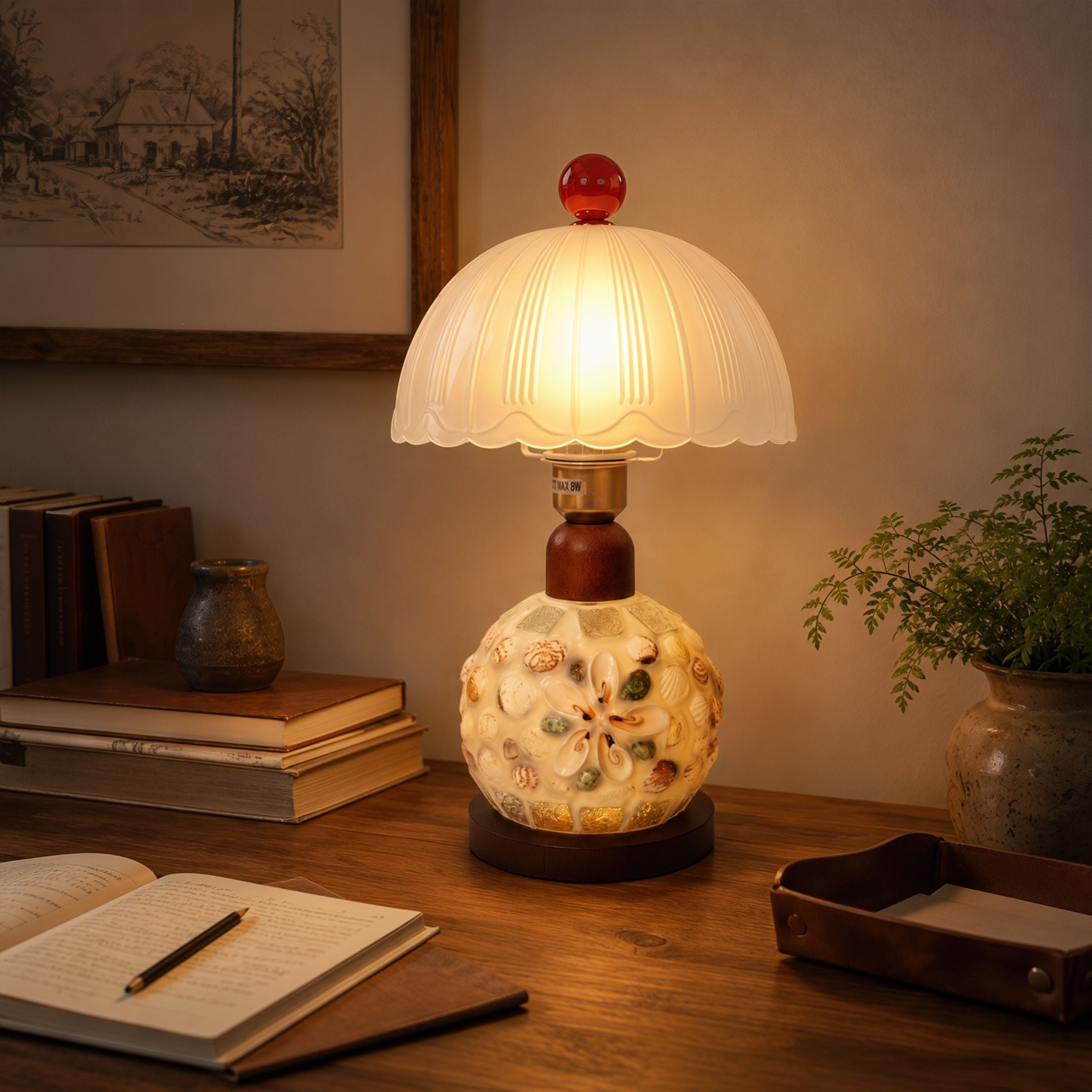 Mosaic Seashell Table Lamp - Coastal Glass & Wood Bedside Light Lightsin UK 