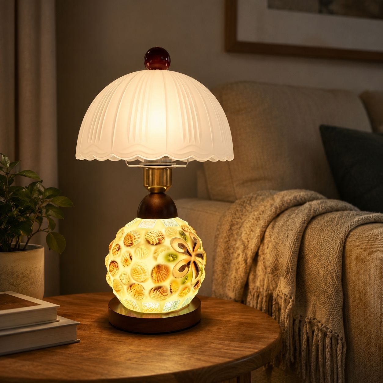 Mosaic Seashell Table Lamp - Coastal Glass & Wood Bedside Light Lightsin UK 