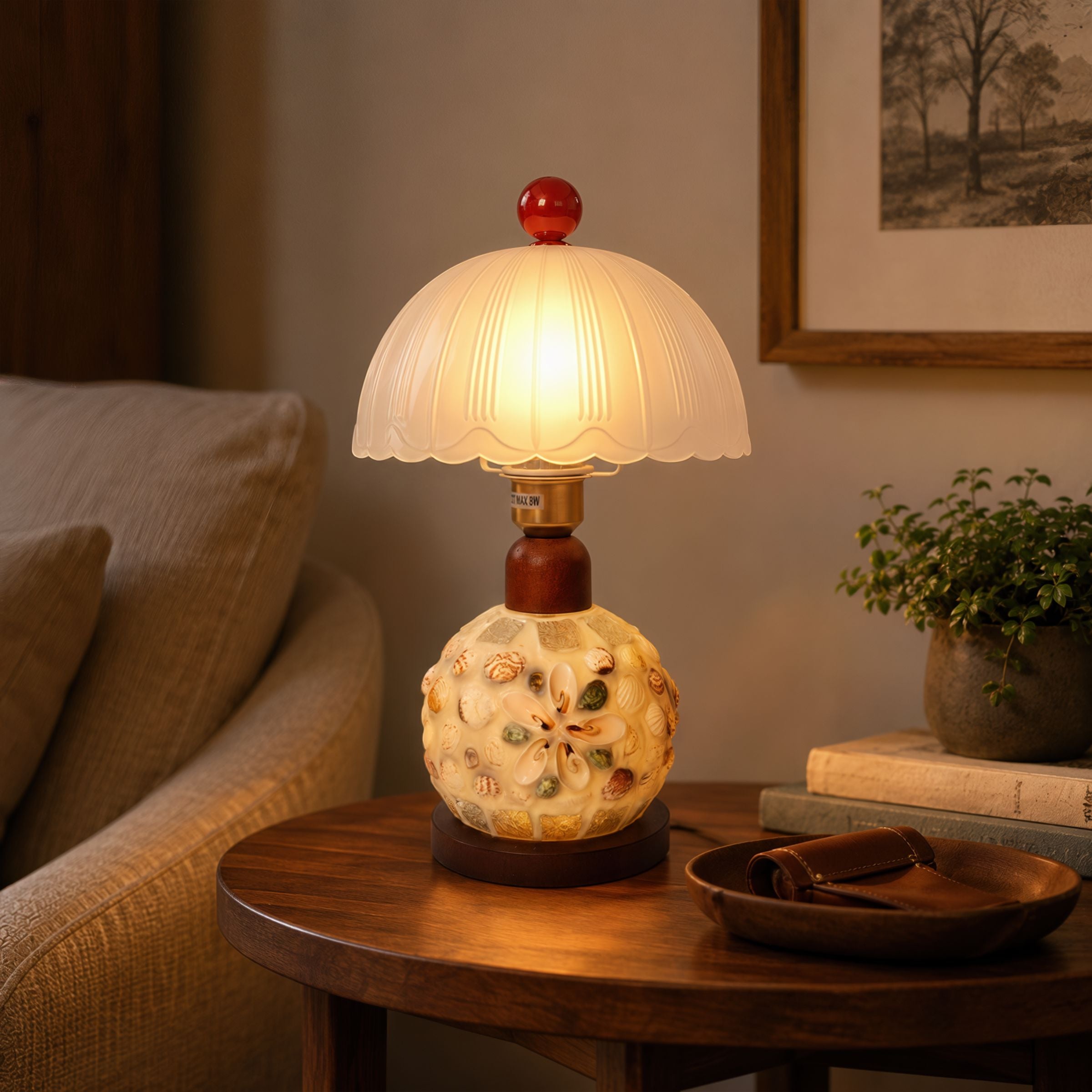 Mosaic Seashell Table Lamp - Coastal Glass & Wood Bedside Light Lightsin UK 