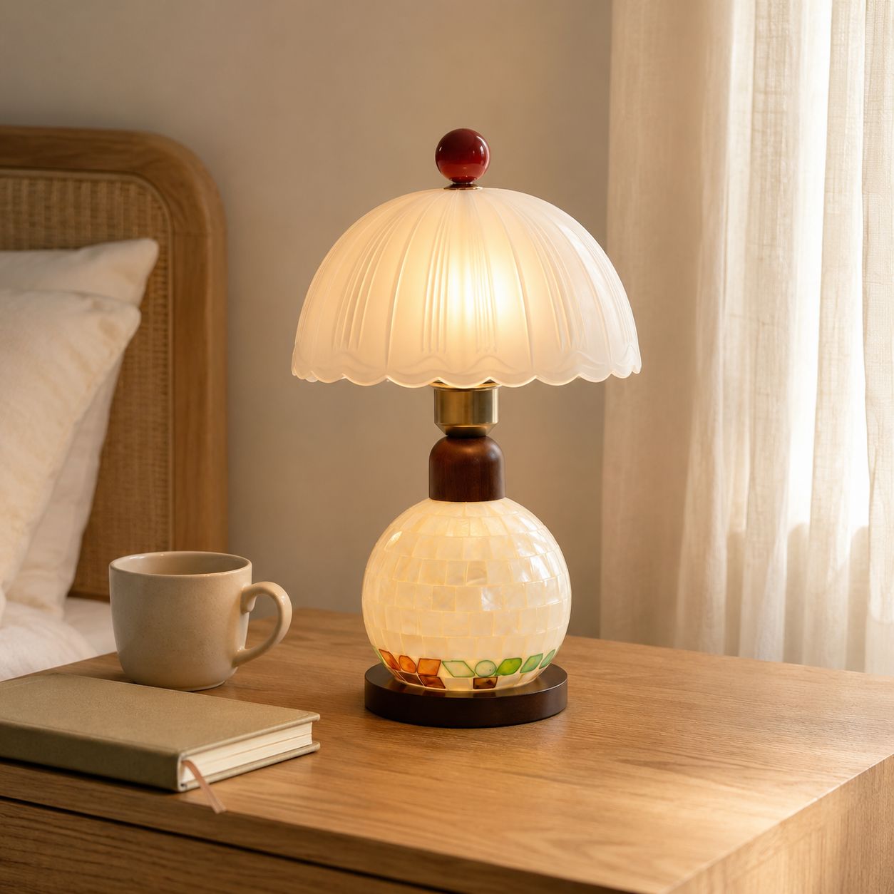 Mosaic Mother-of-Pearl Table Lamp - Coastal Glass & Wood Bedside Light Lightsin UK 