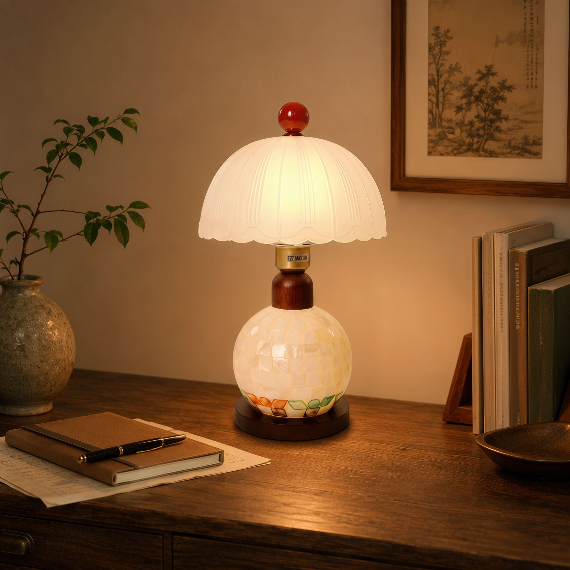 Mosaic Mother-of-Pearl Table Lamp - Coastal Glass & Wood Bedside Light Lightsin UK 