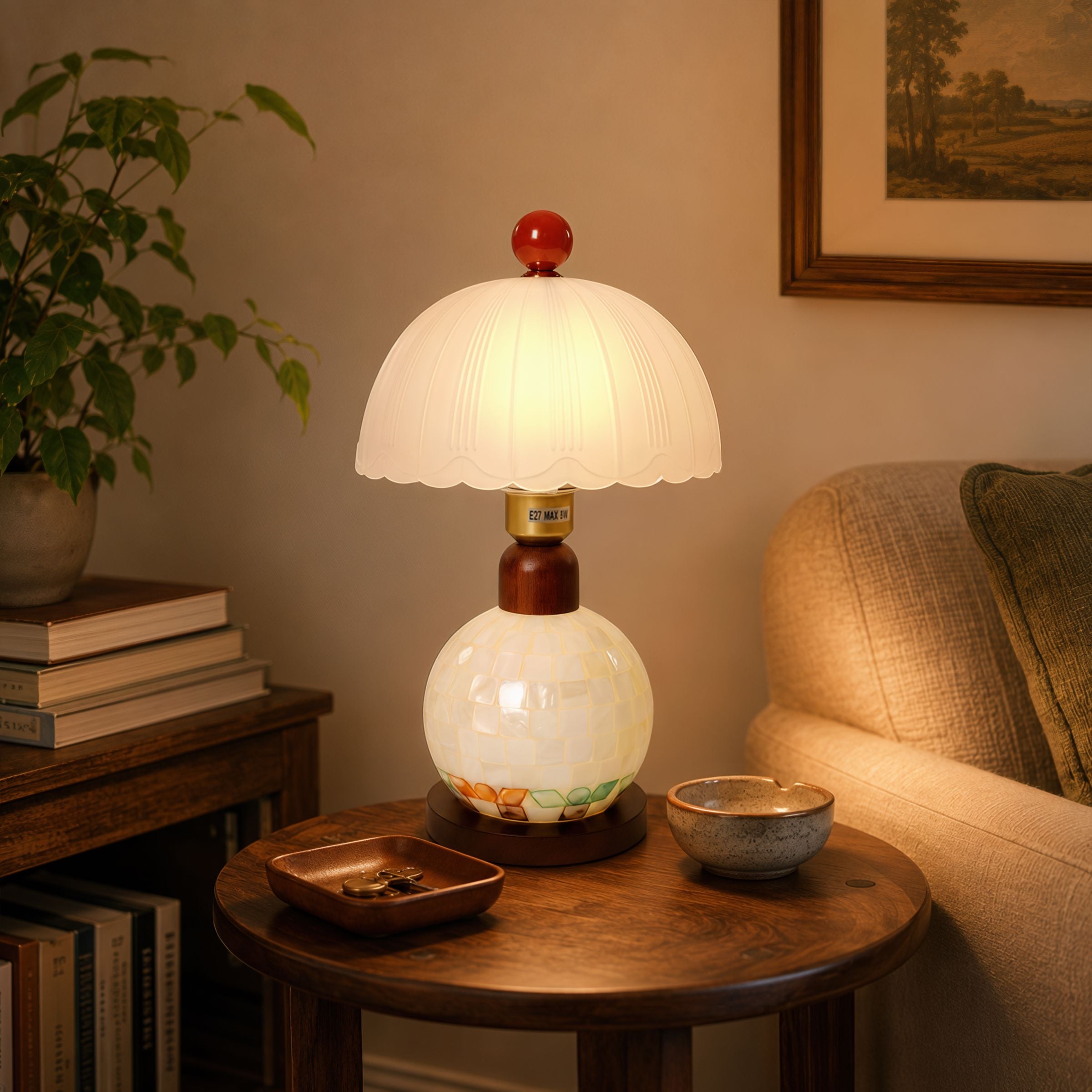 Mosaic Mother-of-Pearl Table Lamp - Coastal Glass & Wood Bedside Light Lightsin UK 