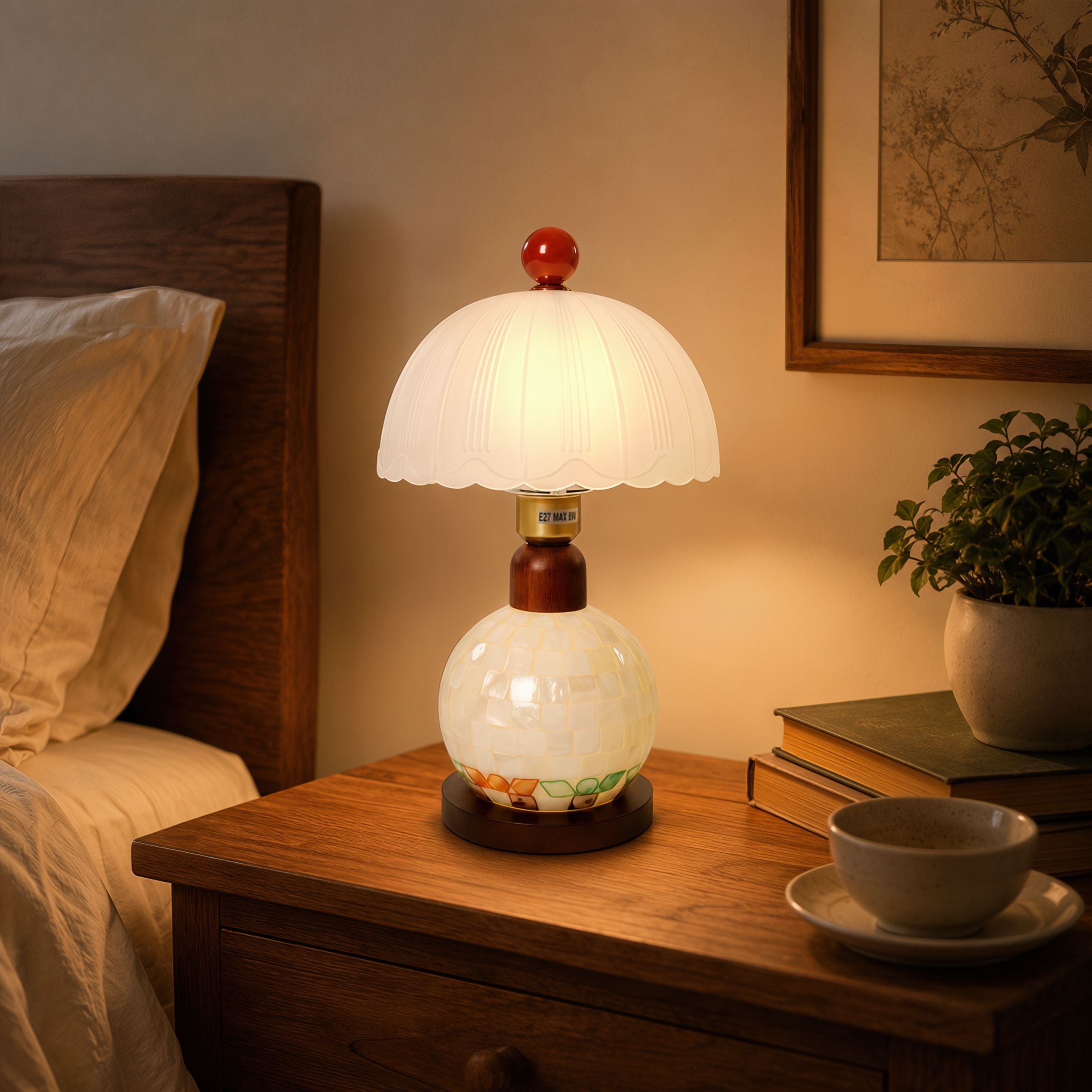 Mosaic Mother-of-Pearl Table Lamp - Coastal Glass & Wood Bedside Light Lightsin UK 