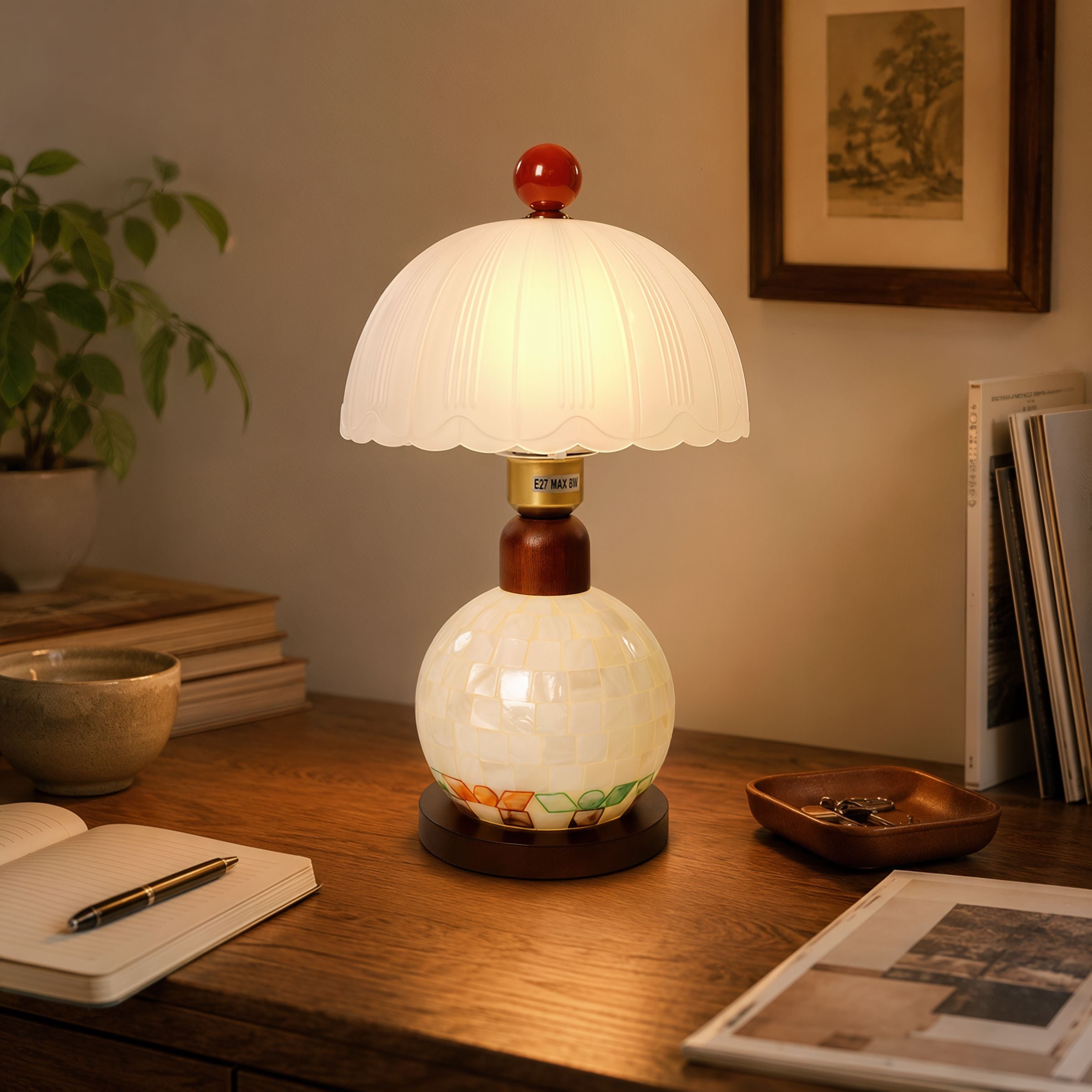 Mosaic Mother-of-Pearl Table Lamp - Coastal Glass & Wood Bedside Light Lightsin UK 