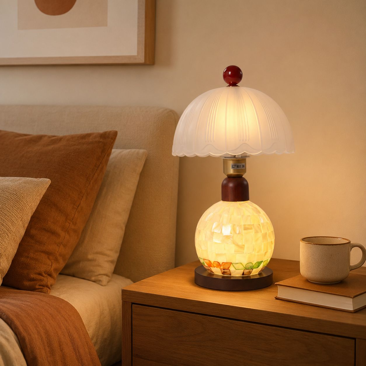 Mosaic Mother-of-Pearl Table Lamp - Coastal Glass & Wood Bedside Light Lightsin UK In Stock 