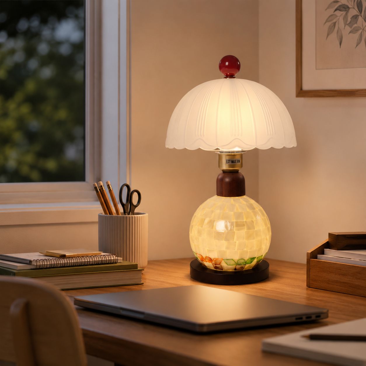 Mosaic Mother-of-Pearl Table Lamp - Coastal Glass & Wood Bedside Light Lightsin UK Pre-Order 