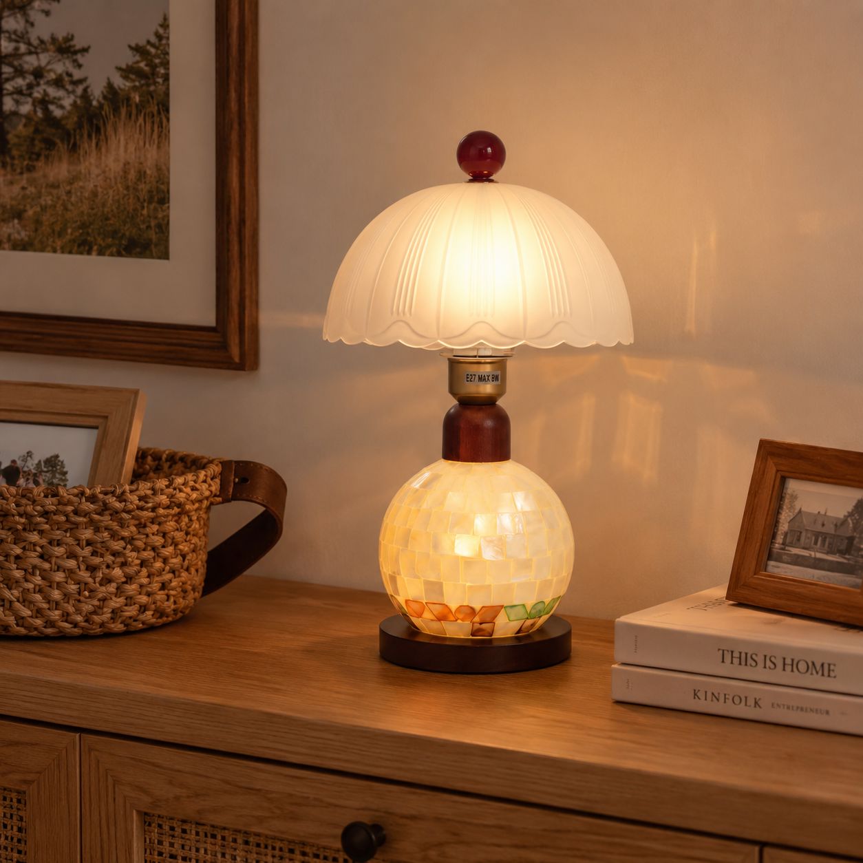 Mosaic Mother-of-Pearl Table Lamp - Coastal Glass & Wood Bedside Light Lightsin UK 