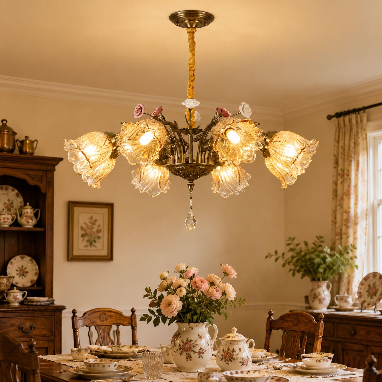 Antique Bronze and Amber Vintage 8-Light Ceramic Flower Pendant Light Lightsin UK Pre-Order 