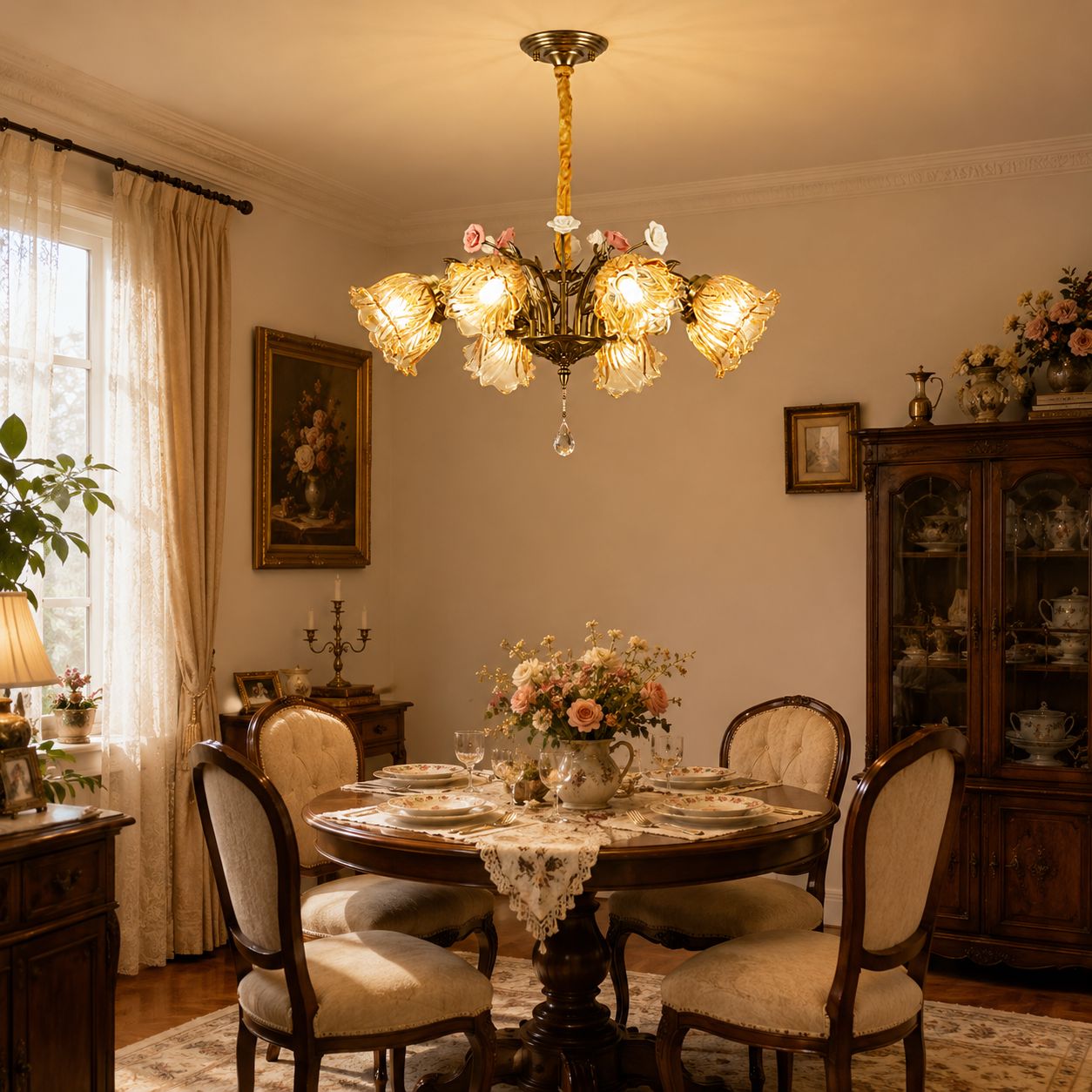 Antique Bronze and Amber Vintage 8-Light Ceramic Flower Pendant Light Lightsin UK 