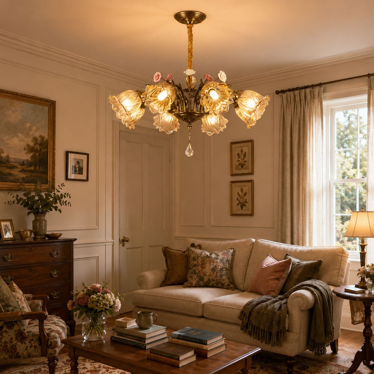 Antique Bronze and Amber Vintage 8-Light Ceramic Flower Pendant Light Lightsin UK 