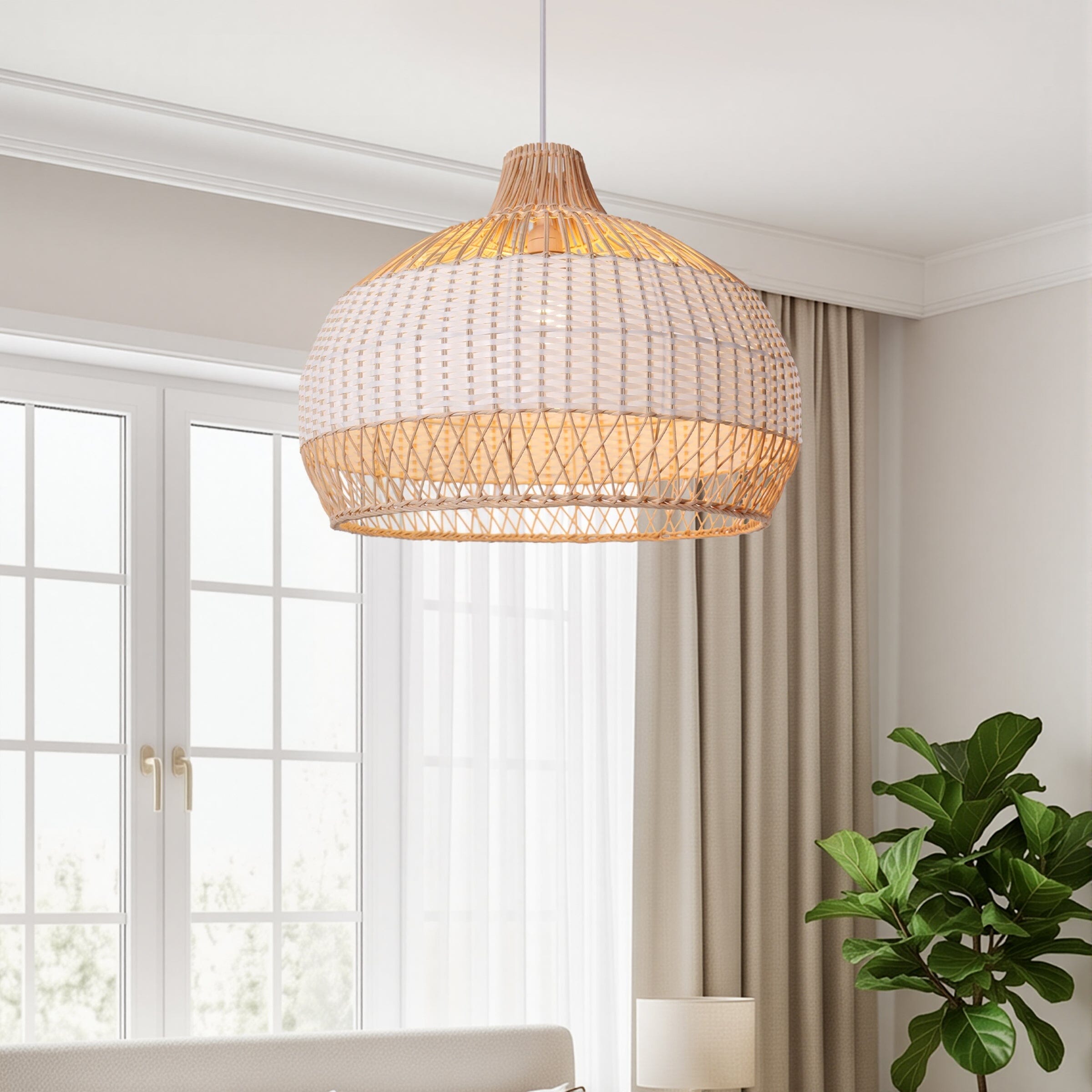 Dewlight-Handwoven Half White Rattan Pendant Light | Kitchen Island Pendant Lamp Lightsin UK Lower Open Weave In Stock 