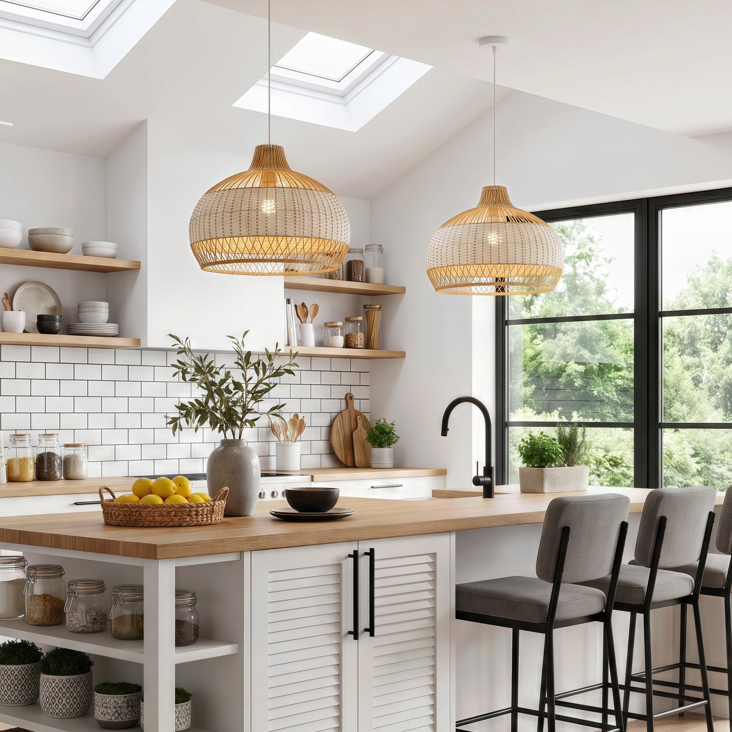 Dewlight-Handwoven Half White Rattan Pendant Light | Kitchen Island Pendant Lamp Lightsin UK 