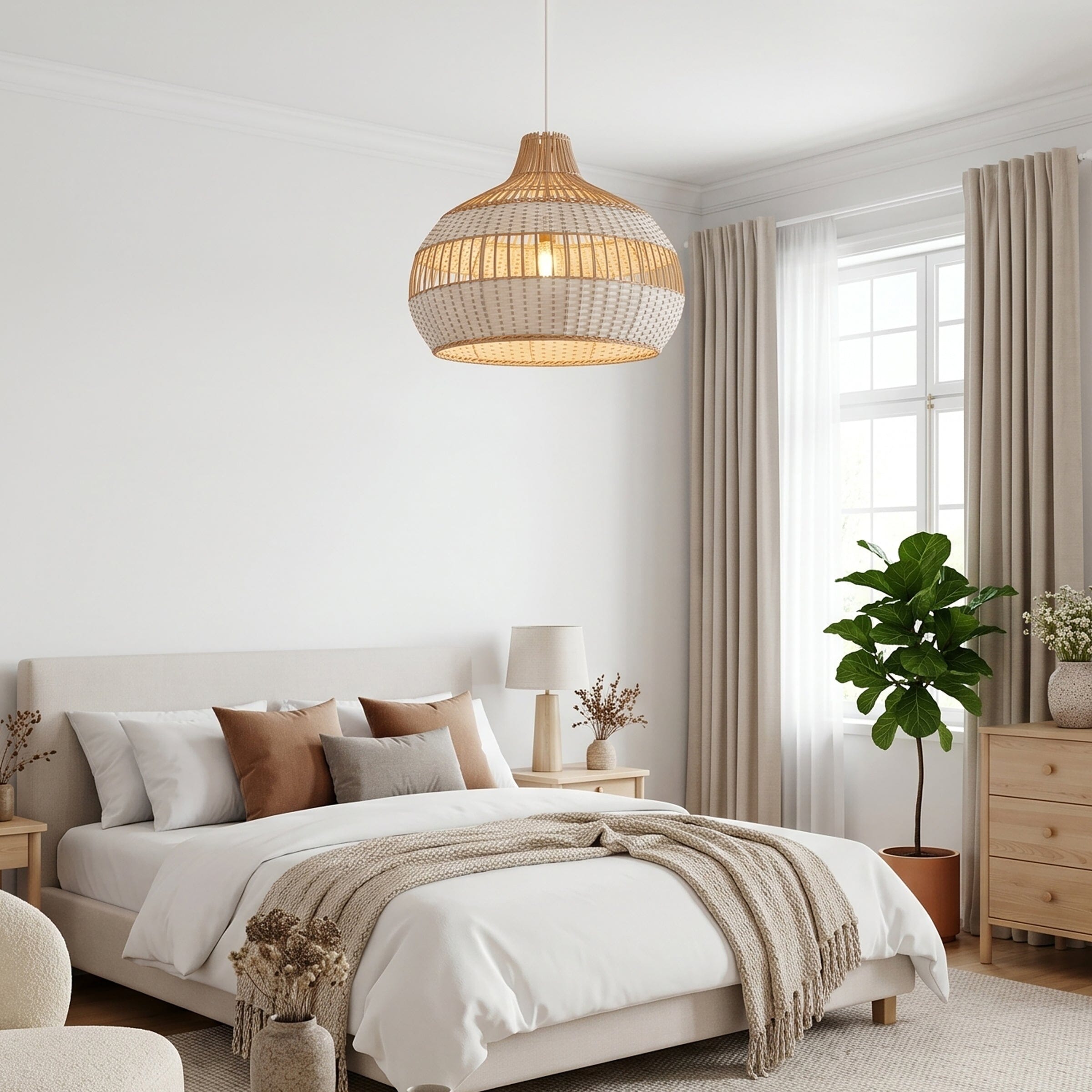 Dewlight-Handwoven Half White Rattan Pendant Light | Kitchen Island Pendant Lamp Lightsin UK 
