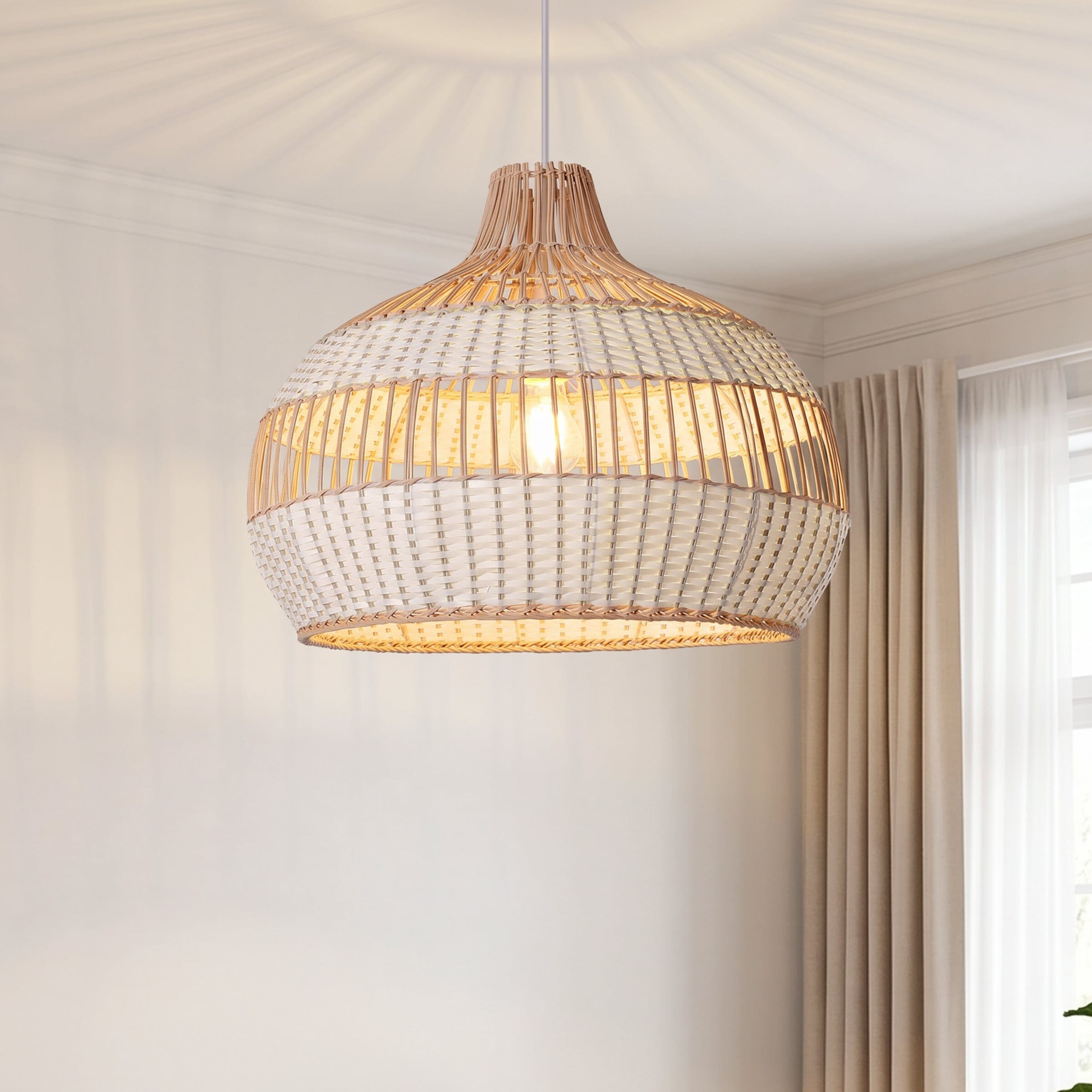 Dewlight-Handwoven Half White Rattan Pendant Light | Kitchen Island Pendant Lamp Lightsin UK Open Centre Weave In Stock 