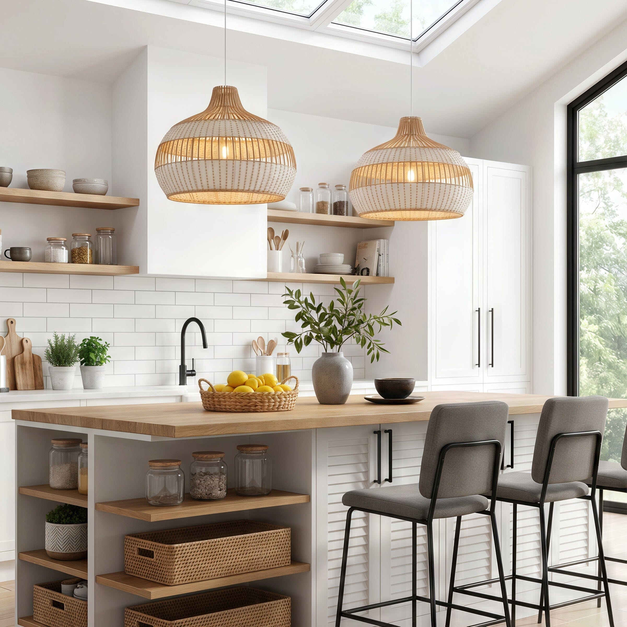 Dewlight-Handwoven Half White Rattan Pendant Light | Kitchen Island Pendant Lamp Lightsin UK Open Centre Weave Pre-Order 