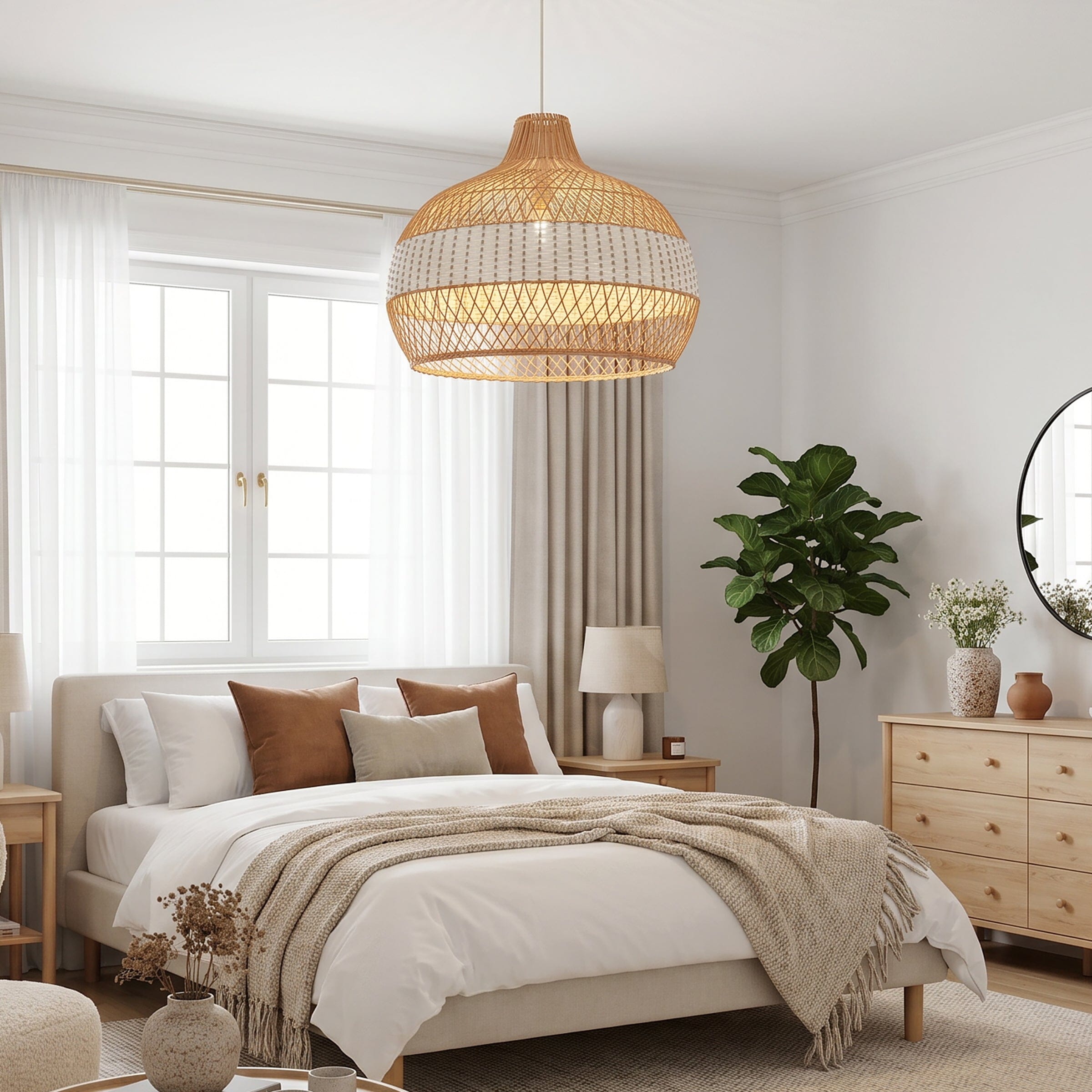 Dewlight-Handwoven Half White Rattan Pendant Light | Kitchen Island Pendant Lamp Lightsin UK 