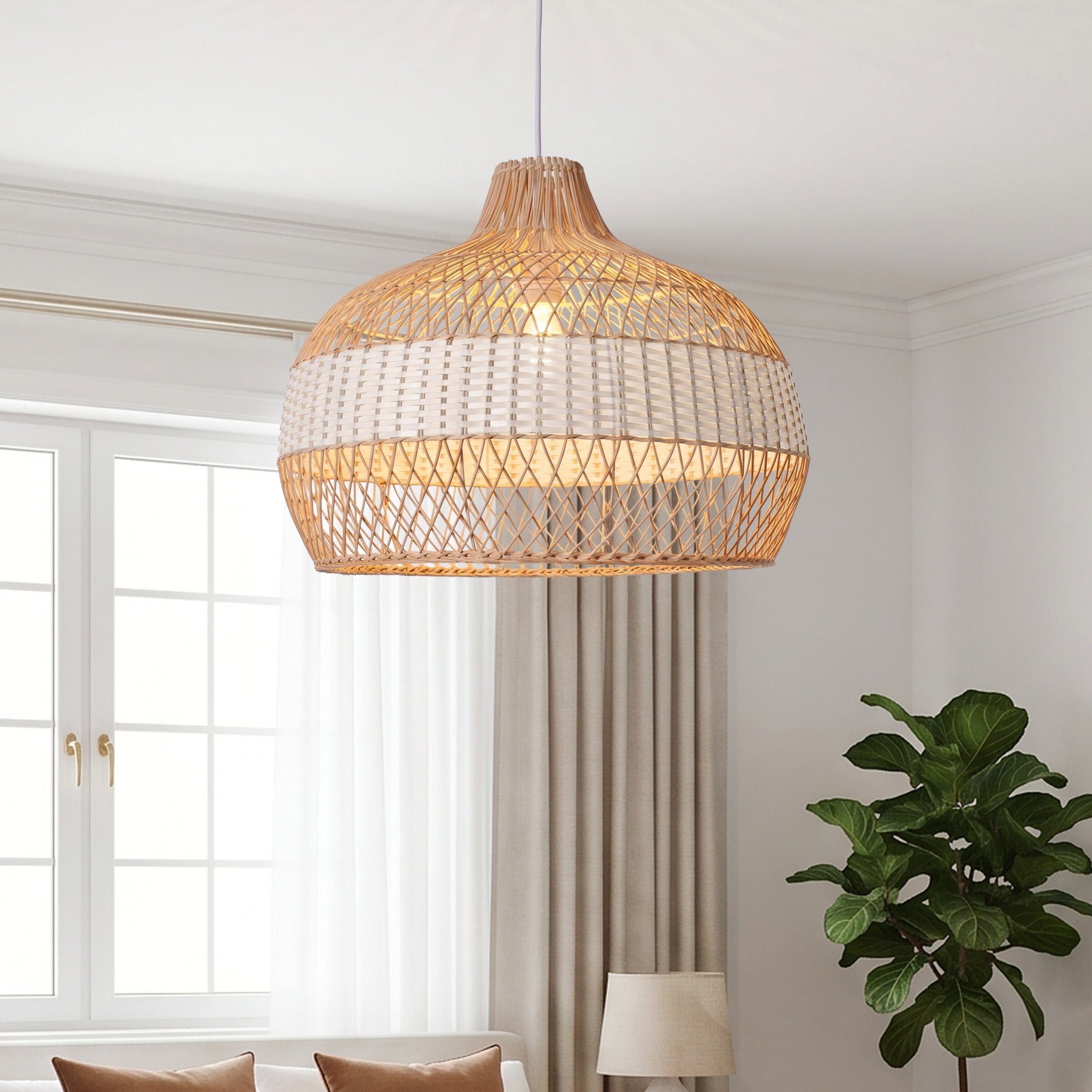 Dewlight-Handwoven Half White Rattan Pendant Light | Kitchen Island Pendant Lamp Lightsin UK Upper Open Weave In Stock 