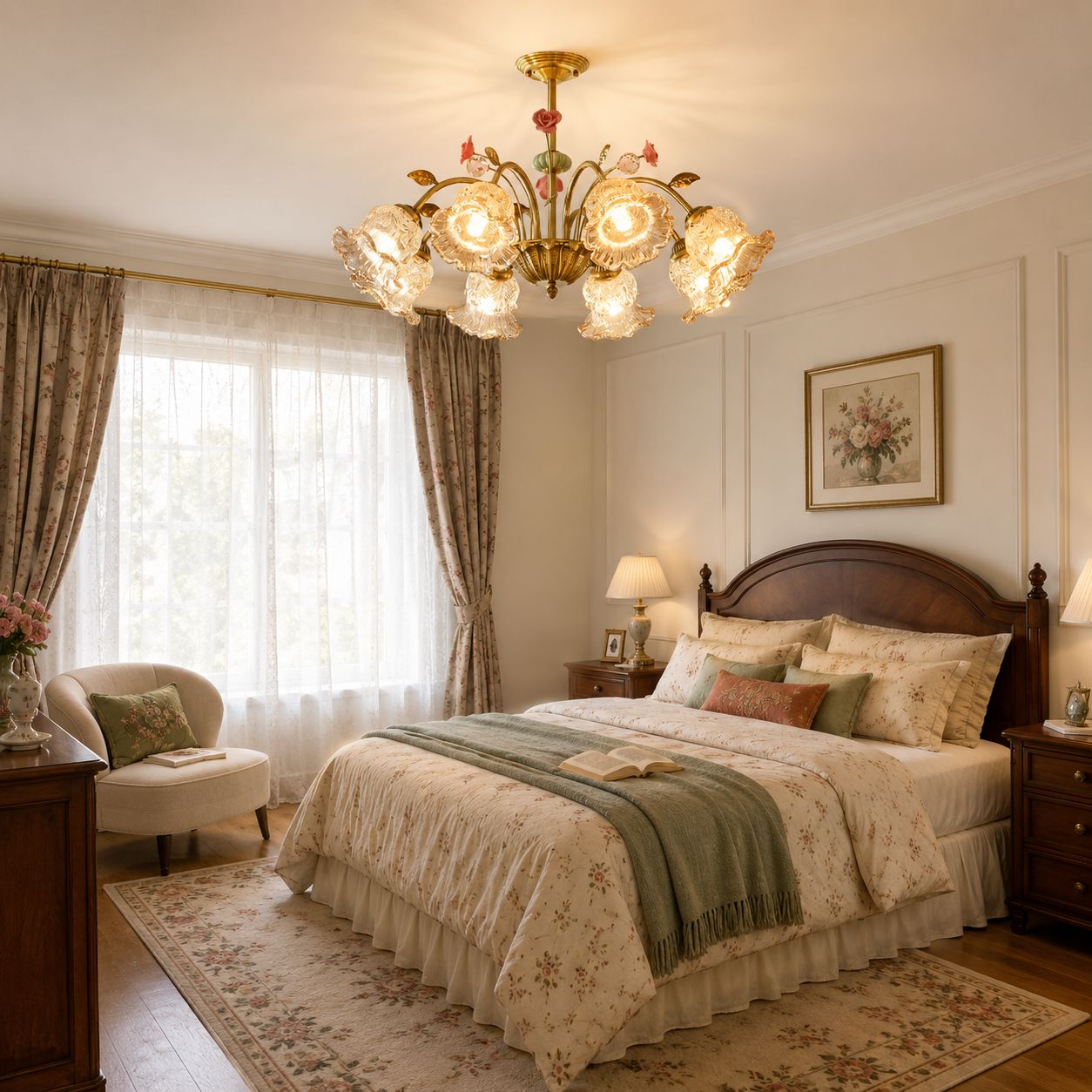 8-Light Gold Vintage Pink Floral Glass Chandelier | E27 Ceiling Lamp Pendant Light Lightsin UK 