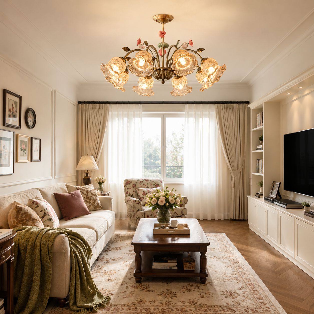 8-Light Gold Vintage Pink Floral Glass Chandelier | E27 Ceiling Lamp Pendant Light Lightsin UK 