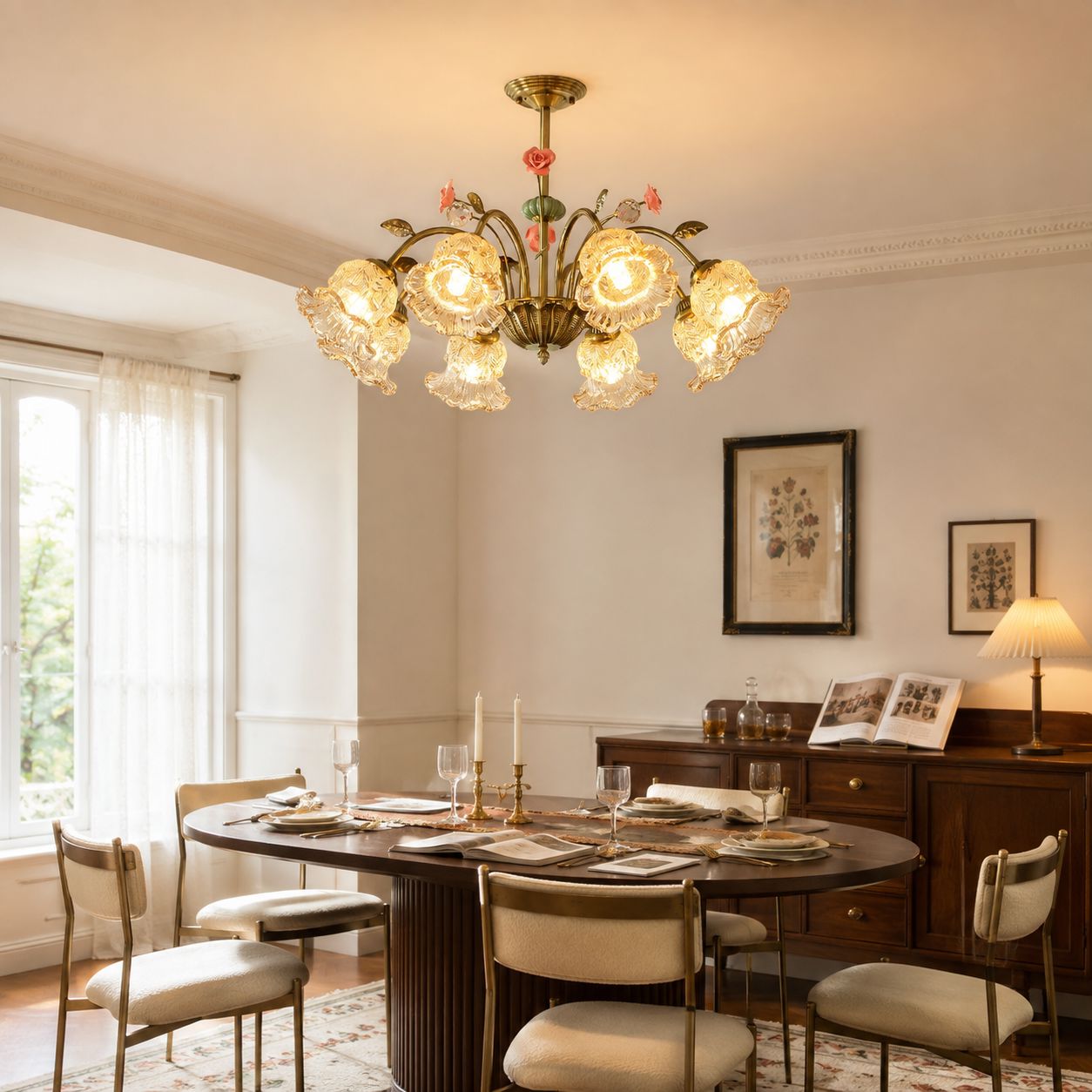 8-Light Gold Vintage Pink Floral Glass Chandelier | E27 Ceiling Lamp Pendant Light Lightsin UK 