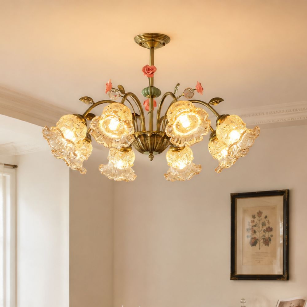 8-Light Gold Vintage Pink Floral Glass Chandelier | E27 Ceiling Lamp Pendant Light Lightsin UK Pre-Order 
