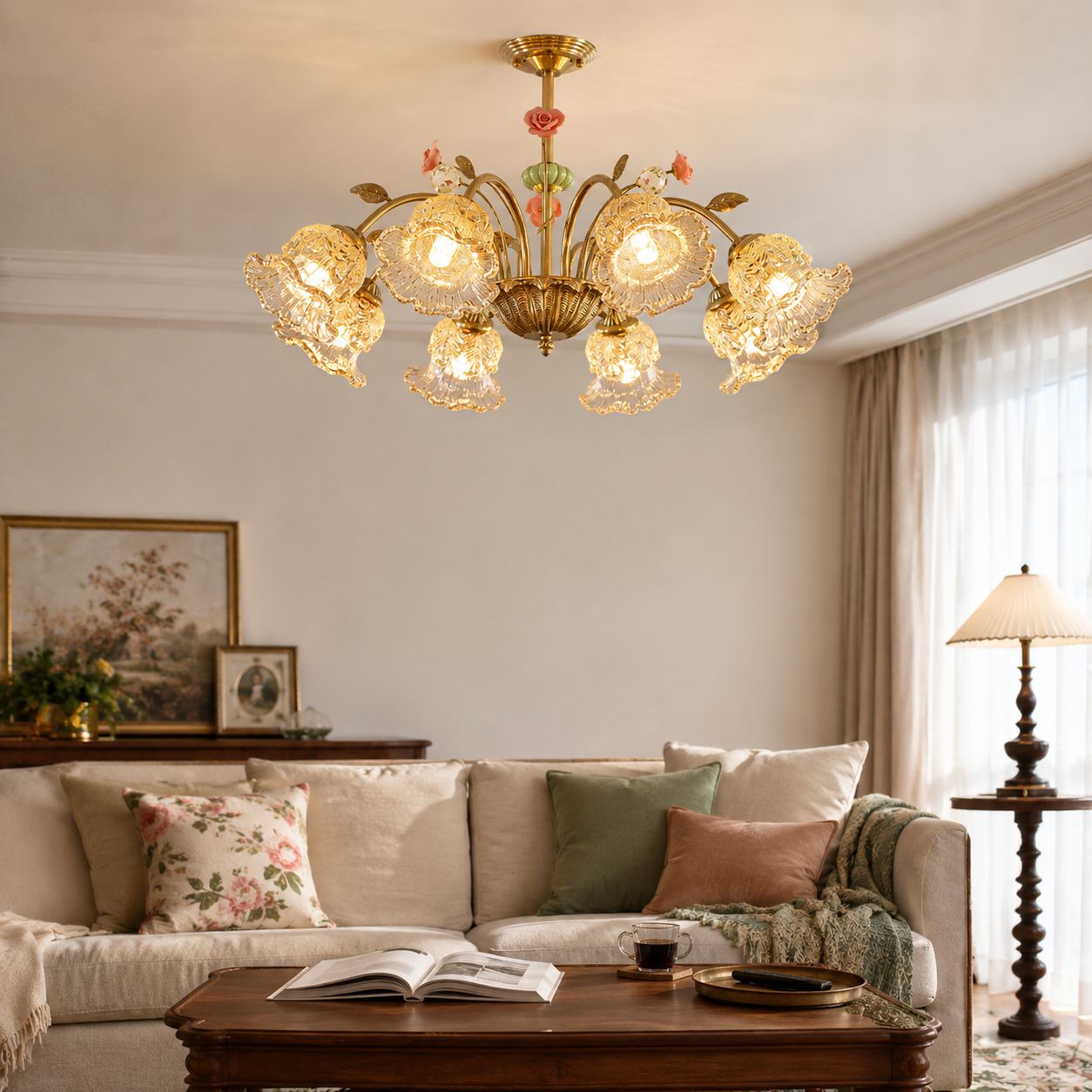 8-Light Gold Vintage Pink Floral Glass Chandelier | E27 Ceiling Lamp Pendant Light Lightsin UK 