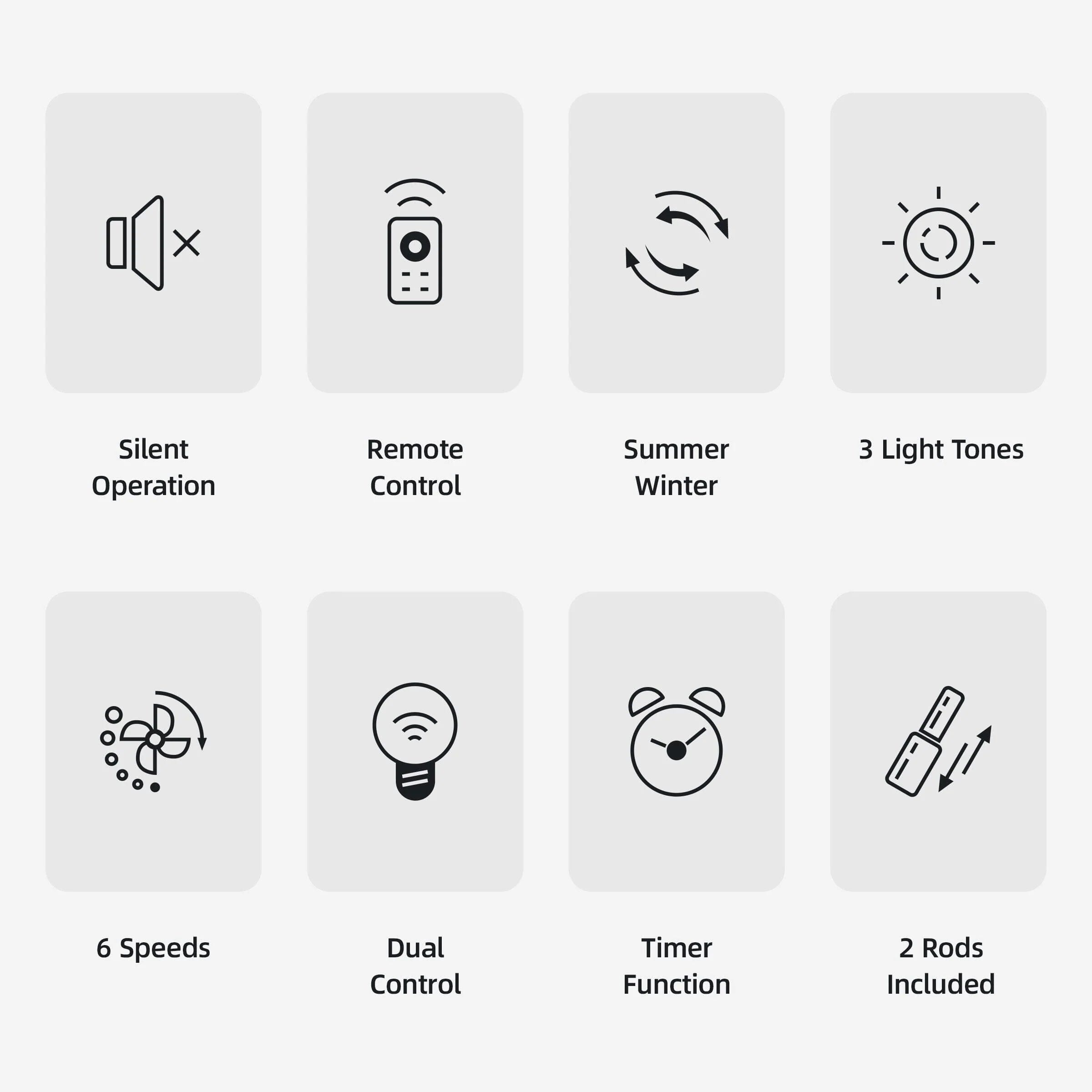 Feature icons for quiet walnut effect LED ceiling fan light with remote control